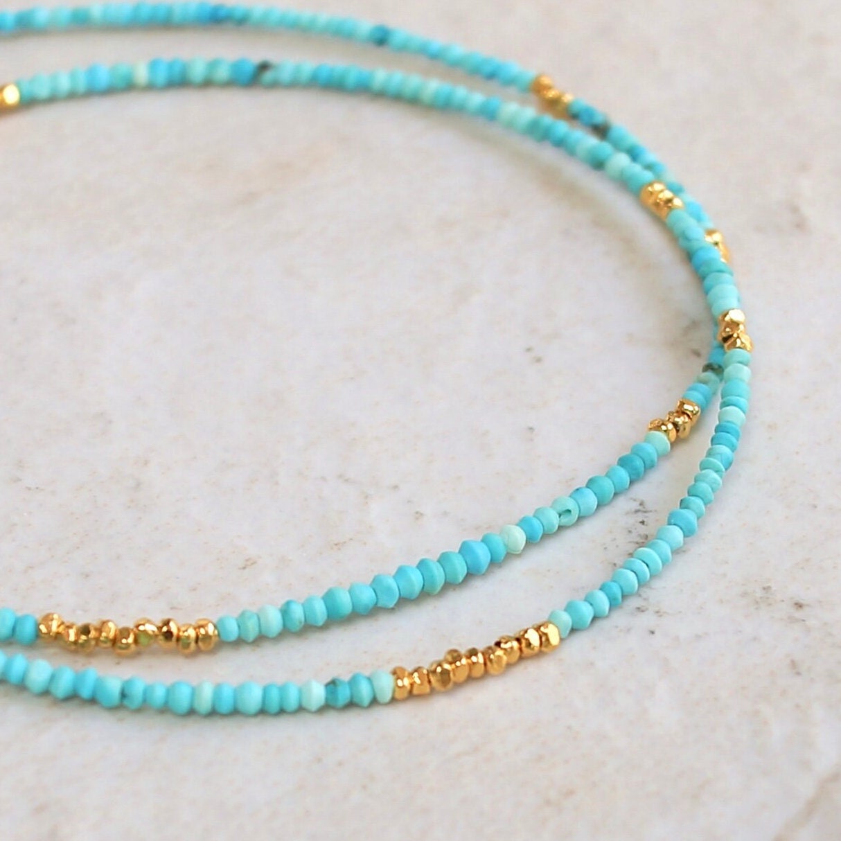 14K Solid Gold & Vermeil: Turquoise Beaded Necklace | 1.5mm | Skinny Layering Necklace | Boho | Bohemian