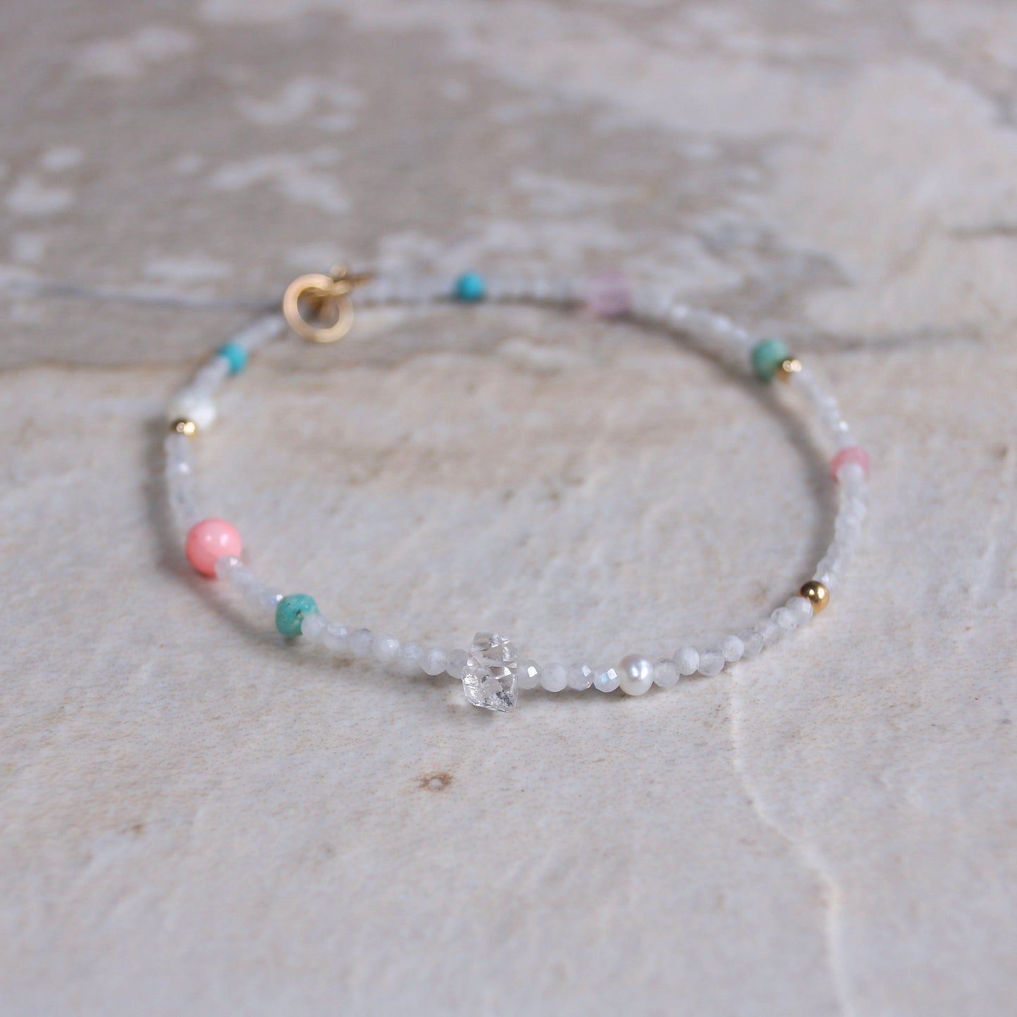 14K Solid Gold: Moonstone Bead Bracelet |2.5mm|  Delicate Quartz Bracelet |Pastel colors| Soft Shades | Gift for Her | Skinny Bracelet