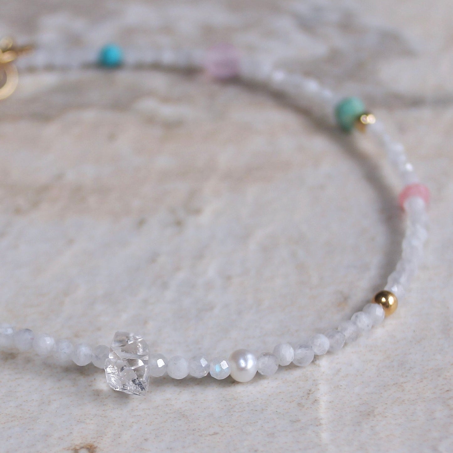 14K Solid Gold: Moonstone Bead Bracelet |2.5mm|  Delicate Quartz Bracelet |Pastel colors| Soft Shades | Gift for Her | Skinny Bracelet