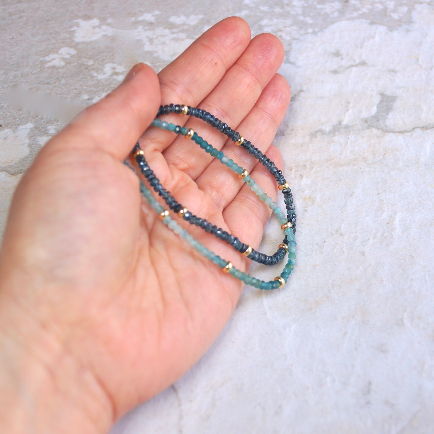 14K Solid Gold: Teal Kyanite Bead Bracelet| 3mm| Teal Green| Fine Jewelry| Healing Crystal | Spiritual Bracelet