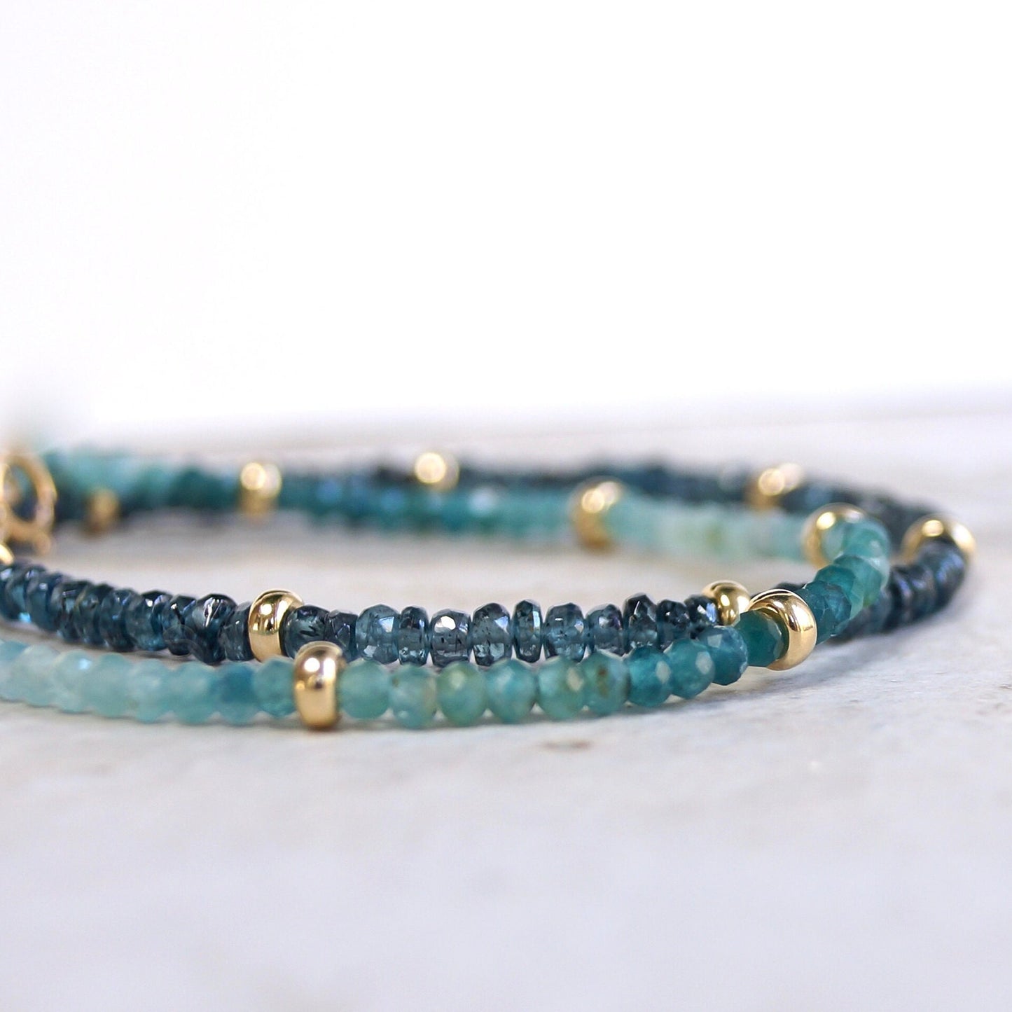 Set of 2: Teal Kyanite & Grandidierite Bracelets| 3mm| 14K Solid Gold| Teal Green| Fine Jewelry| Healing Crystal | Spiritual Bracelet