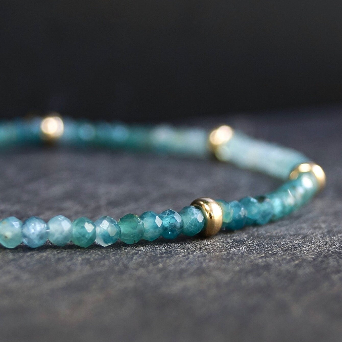 14K Solid Gold: Grandidierite Bead Bracelet| 3mm| Teal Green| Fine Jewelry| Healing Crystal | Spiritual Bracelet| Ombre Green