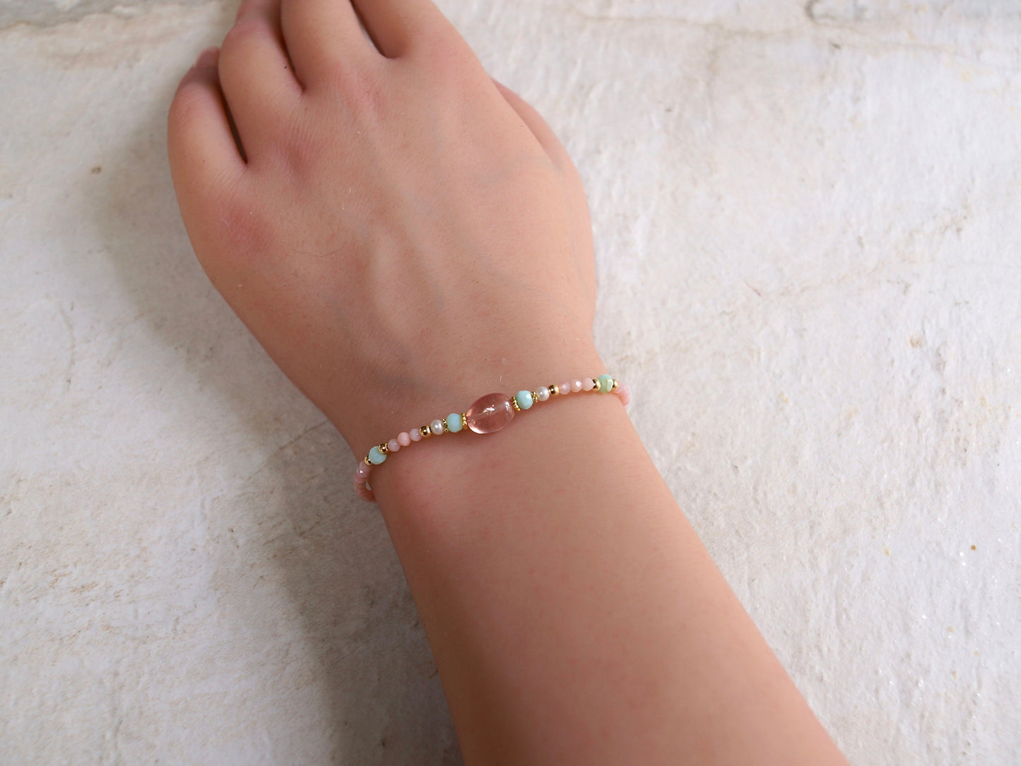 14K Solid Gold: Pink Opal Bracelet | Pink Sapphire| 2.5mm| Baby Pink Bracelet| Boho| Natural| Skinny Bead Bracelet| Fine Jewelry