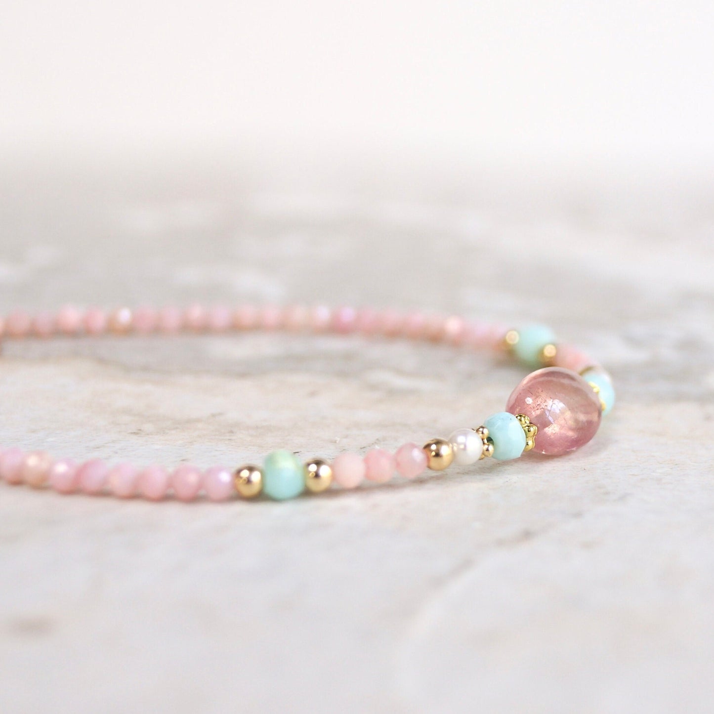 14K Solid Gold: Pink Opal Bracelet | Pink Sapphire| 2.5mm| Baby Pink Bracelet| Boho| Natural| Skinny Bead Bracelet| Fine Jewelry