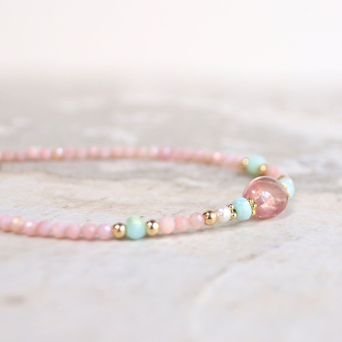 14K Solid Gold: Pink Opal Bracelet | Pink Sapphire| 2.5mm| Baby Pink Bracelet| Boho| Natural| Skinny Bead Bracelet| Fine Jewelry