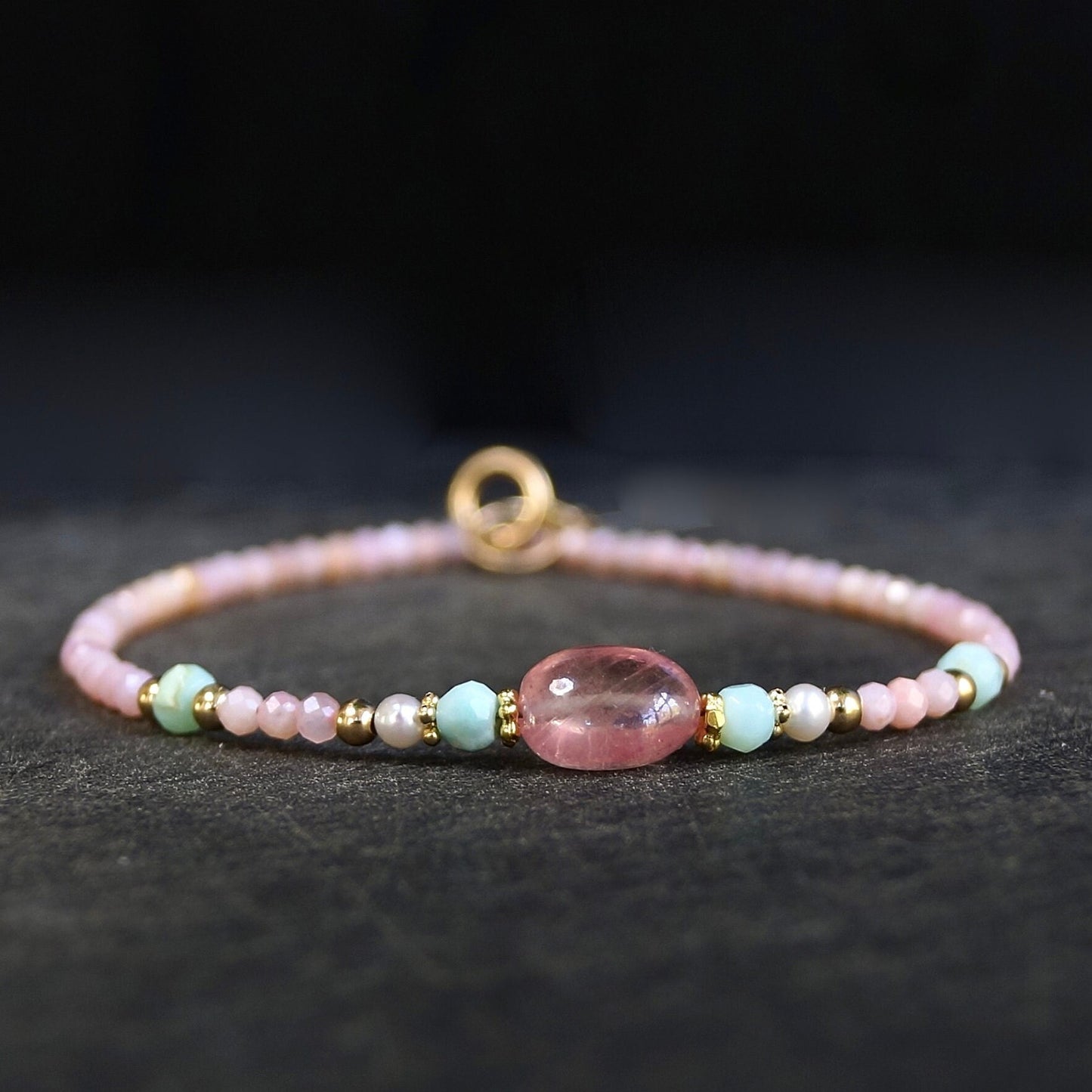 14K Solid Gold: Pink Opal Bracelet | Pink Sapphire| 2.5mm| Baby Pink Bracelet| Boho| Natural| Skinny Bead Bracelet| Fine Jewelry