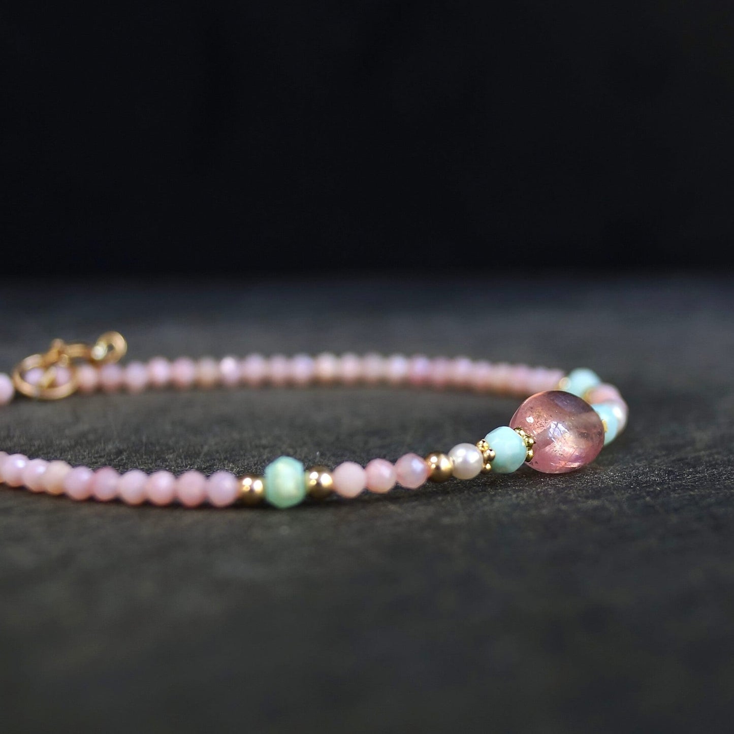 14K Solid Gold: Pink Opal Bracelet | Pink Sapphire| 2.5mm| Baby Pink Bracelet| Boho| Natural| Skinny Bead Bracelet| Fine Jewelry