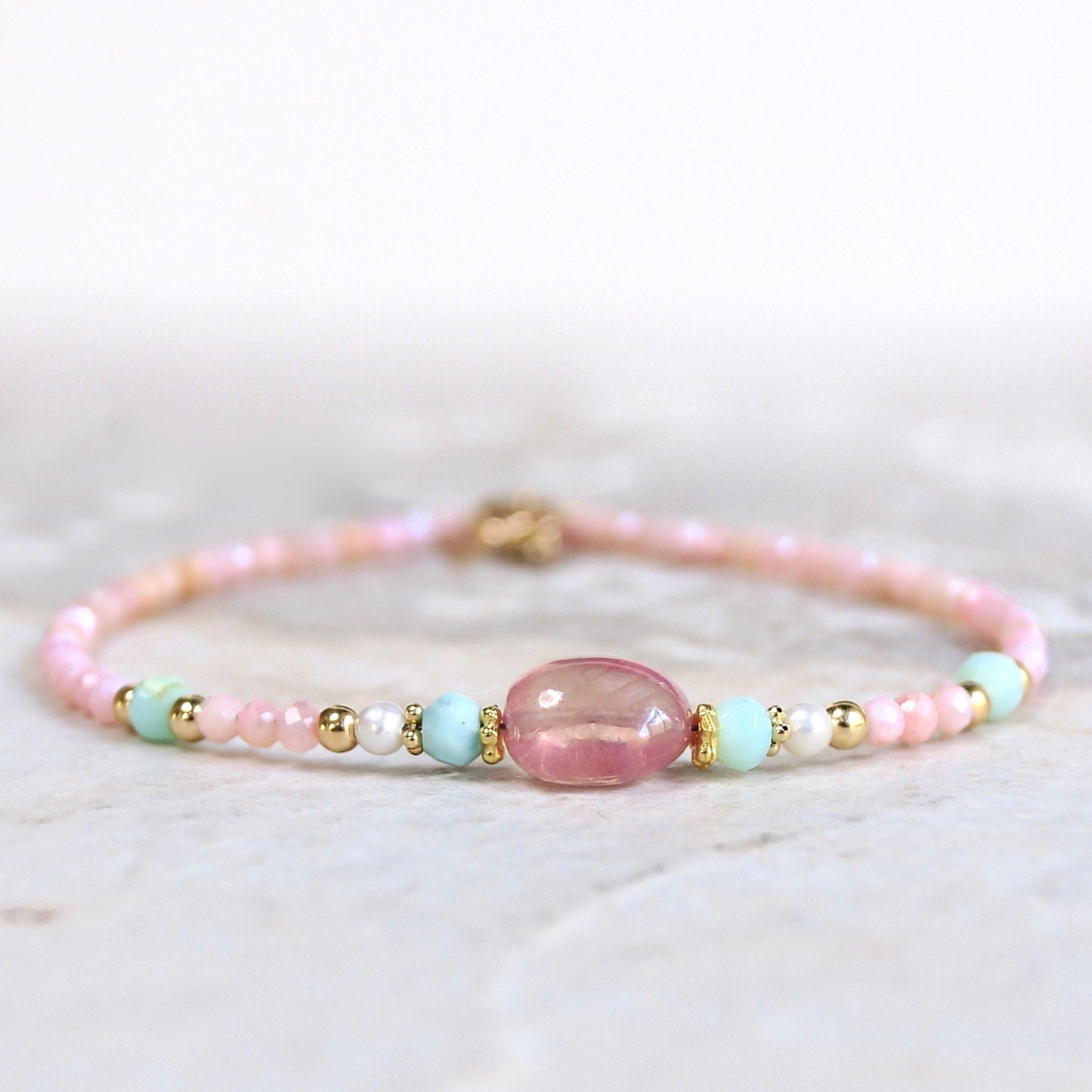 14K Solid Gold: Pink Opal Bracelet | Pink Sapphire| 2.5mm| Baby Pink Bracelet| Boho| Natural| Skinny Bead Bracelet| Fine Jewelry