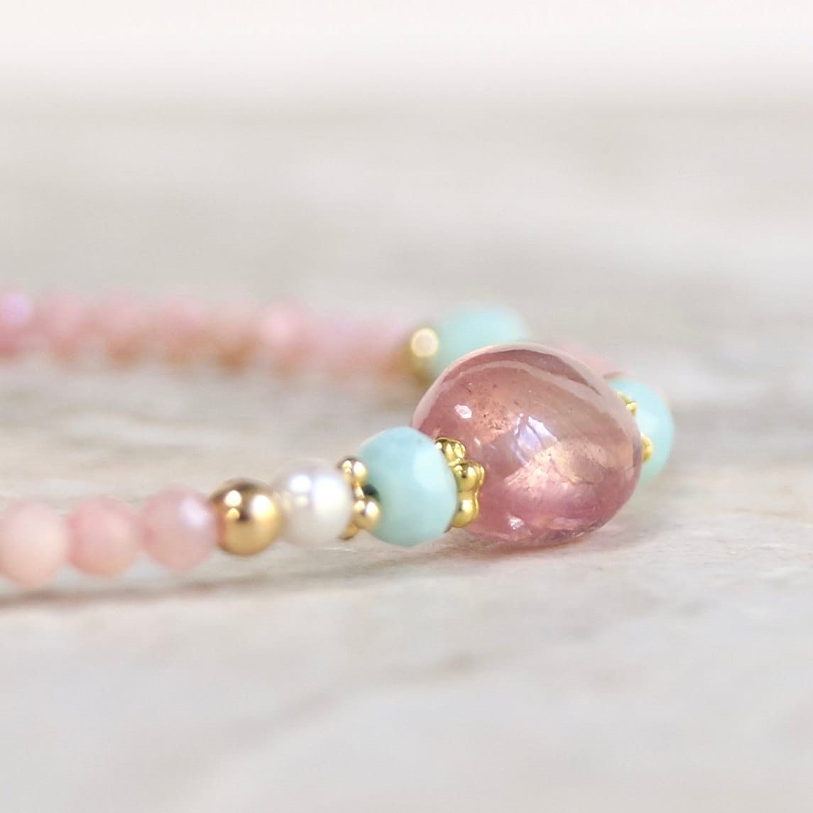 14K Solid Gold: Pink Opal Bracelet | Pink Sapphire| 2.5mm| Baby Pink Bracelet| Boho| Natural| Skinny Bead Bracelet| Fine Jewelry