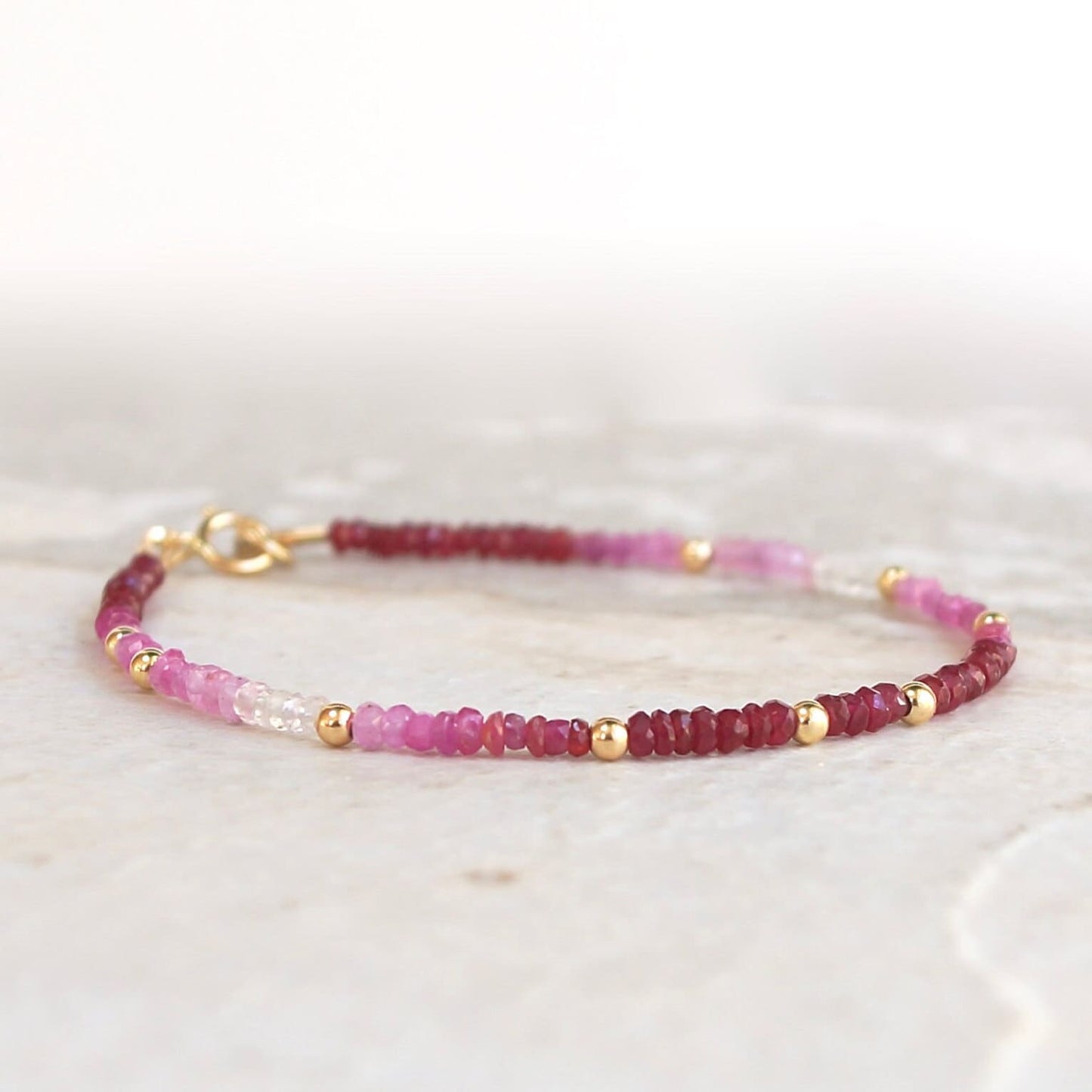 14K Solid Gold Ruby Bead Bracelet | 2 mm | Red Gradient | Natural Ruby | Stacking Bracelet | Dainty | Skinny | July Birthstone