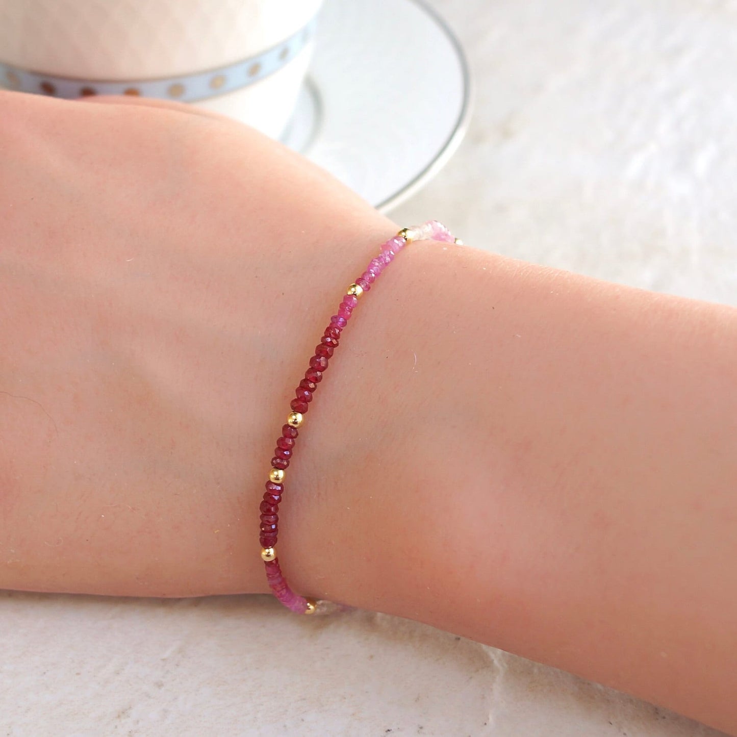 14K Solid Gold Ruby Bead Bracelet | 2 mm | Red Gradient | Natural Ruby | Stacking Bracelet | Dainty | Skinny | July Birthstone