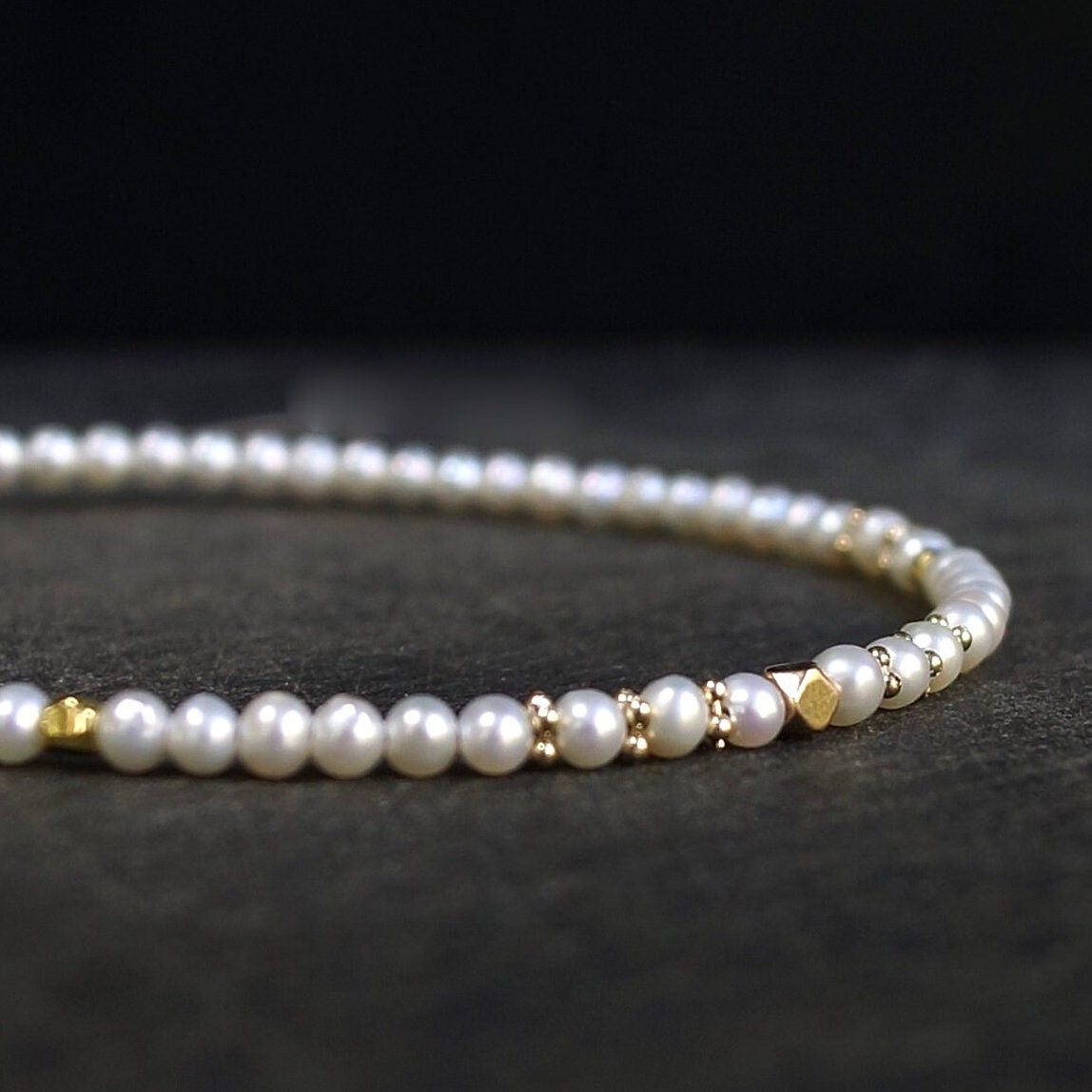 14K Solid Gold: Natural Pearl Bracelet | 2.5-3mm| Cultured Pearl| High Luster Pearl| Fine Jewelry| AAA