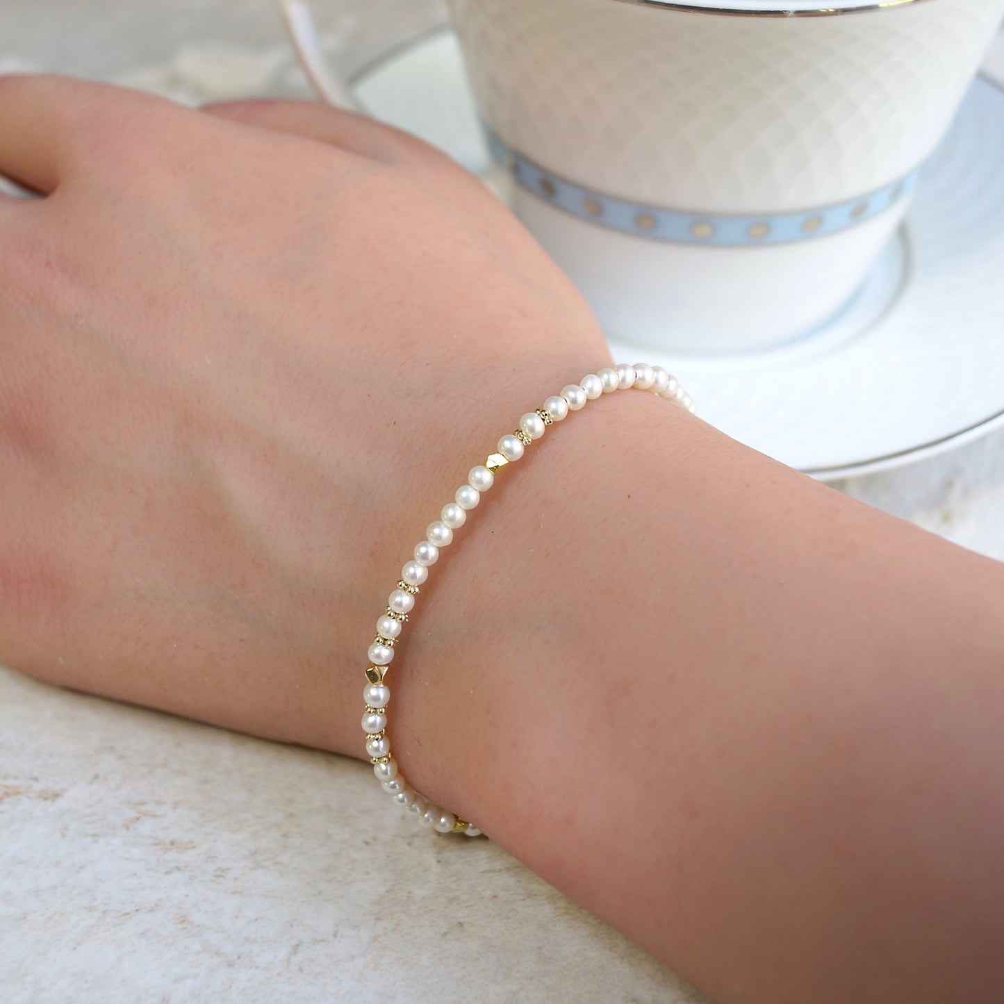 14K Solid Gold: Natural Pearl Bracelet | 2.5-3mm| Cultured Pearl| High Luster Pearl| Fine Jewelry| AAA