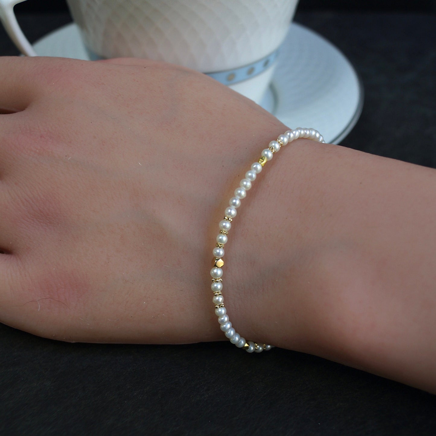 14K Solid Gold: Natural Pearl Bracelet | 2.5-3mm| Cultured Pearl| High Luster Pearl| Fine Jewelry| AAA