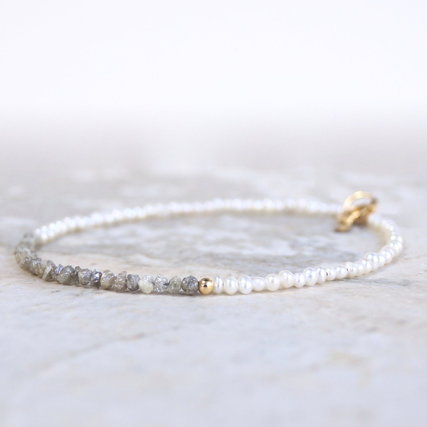 14K Solid Gold: Raw Diamond Bracelet | Rough Diamond| Natural Pearl Bracelet | Natural Diamond | Salt & Pepper | Gray Blue Brown