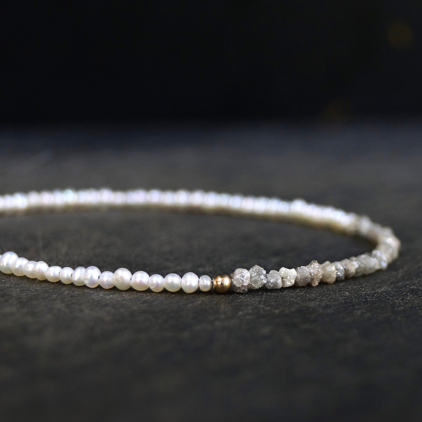 14K Solid Gold: Raw Diamond Bracelet | Rough Diamond| Natural Pearl Bracelet | Natural Diamond | Salt & Pepper | Gray Blue Brown