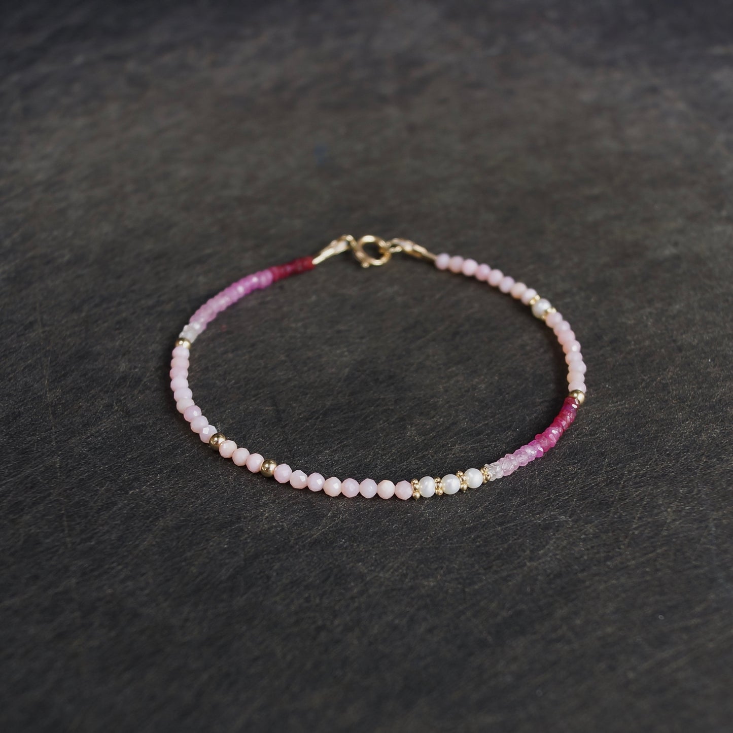 14K Solid Gold: Ruby & Pink Opal Bracelet | Ombre Ruby| Gradient Pink Bracelet| Boho| Natural| Skinny Bead Bracelet| Fine Jewelry