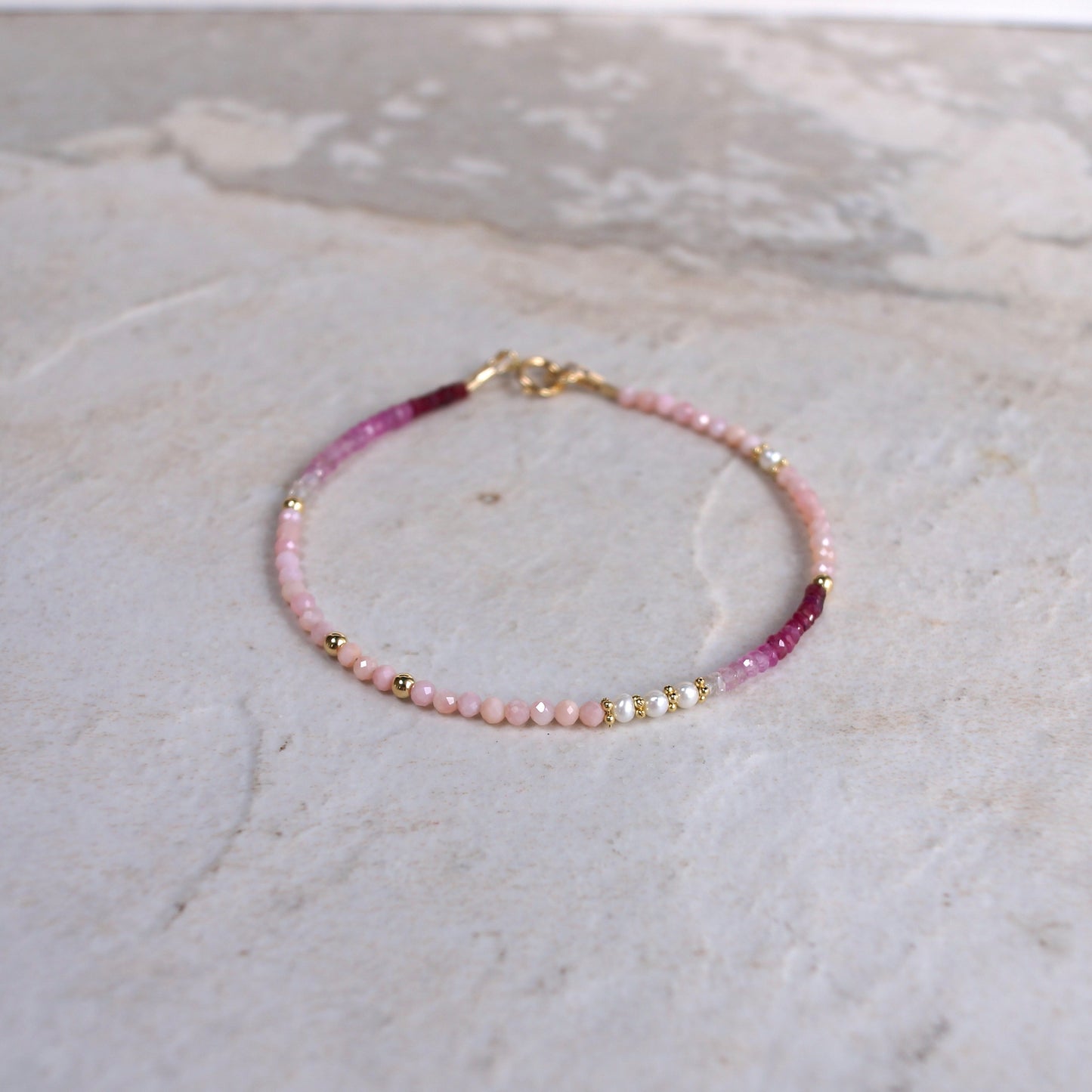 14K Solid Gold: Ruby & Pink Opal Bracelet | Ombre Ruby| Gradient Pink Bracelet| Boho| Natural| Skinny Bead Bracelet| Fine Jewelry