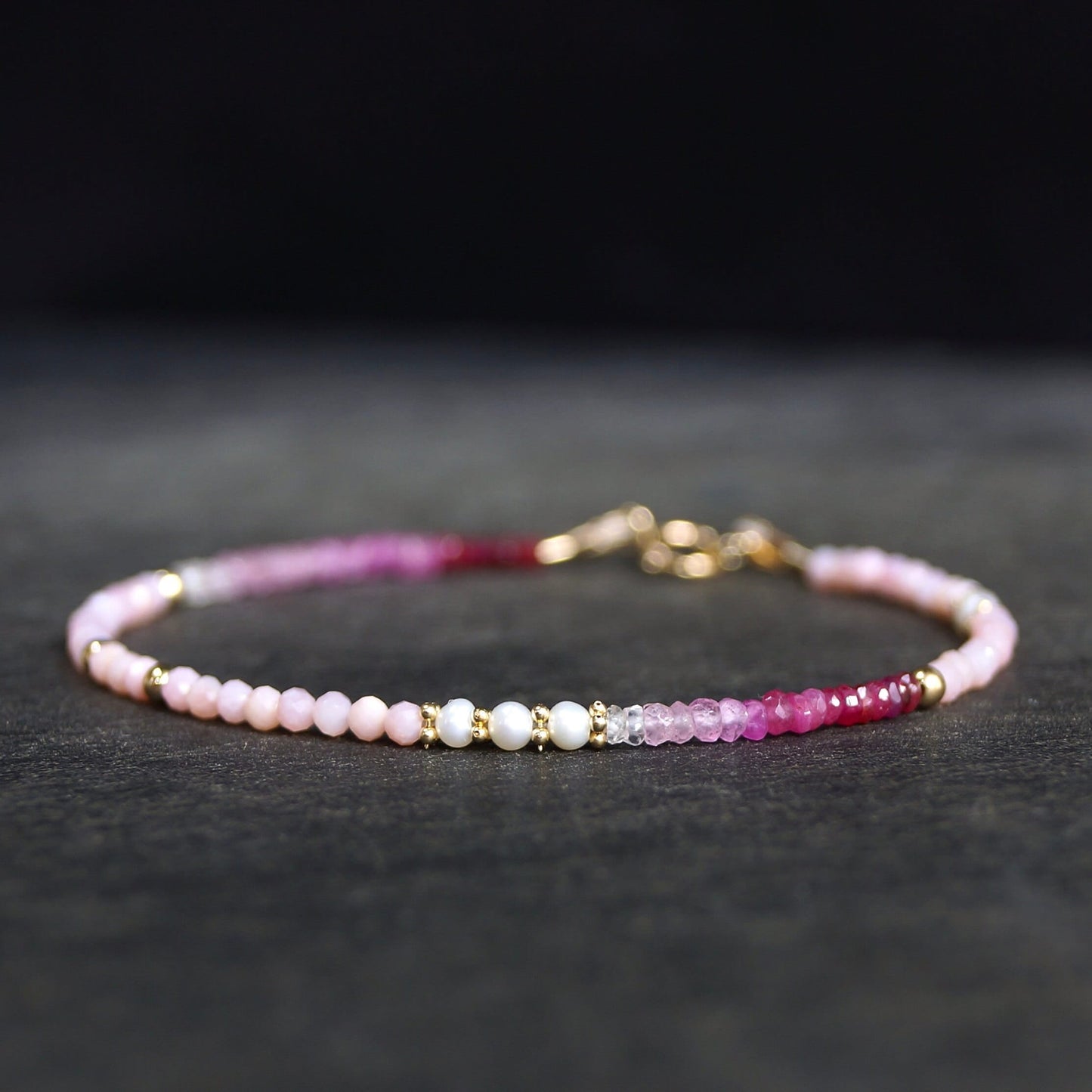 14K Solid Gold: Ruby & Pink Opal Bracelet | Ombre Ruby| Gradient Pink Bracelet| Boho| Natural| Skinny Bead Bracelet| Fine Jewelry