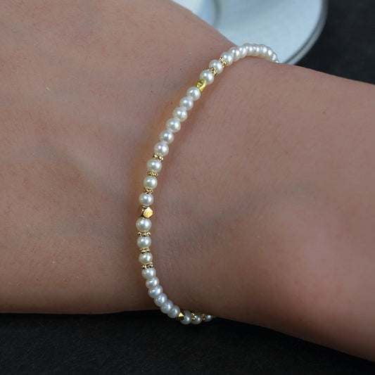 14K Solid Gold: Natural Pearl Bracelet | 2.5-3mm| Cultured Pearl| High Luster Pearl| Fine Jewelry| AAA