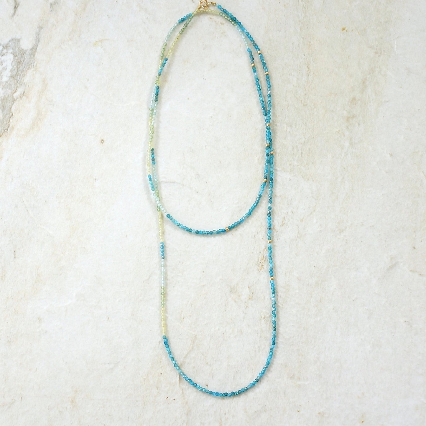 14K Solid Gold: 32" Apatite Beaded Necklace |2mm | Blue Apatite | Ombre | Shaded |fDainty Fine Jewelry| Layered | Long Necklace