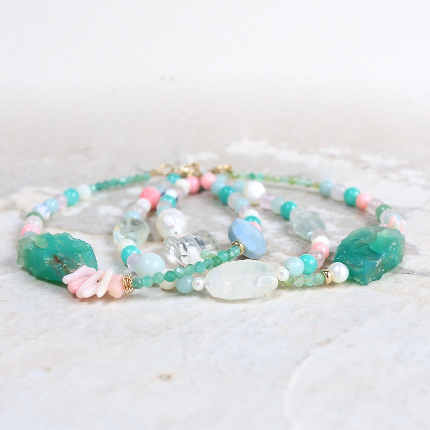 14K Solid Gold: Raw Amazonite Quartz Bead Bracelet | Emerald | Pastel Rainbow Gemstones | Bohemian | Pastel Green and Pink | Fine Jewelry