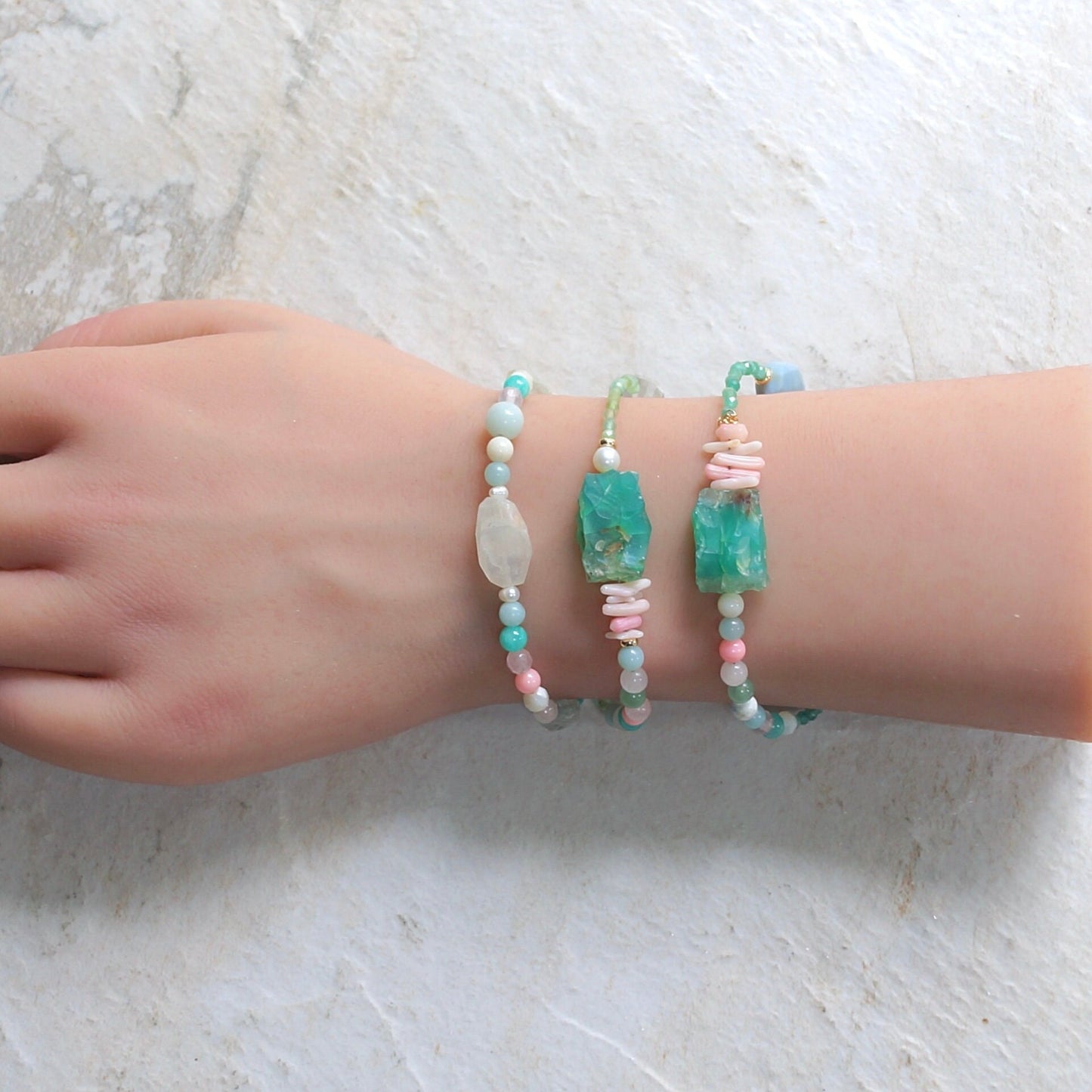 14K Solid Gold: Raw Amazonite Quartz Bead Bracelet | Emerald | Pastel Rainbow Gemstones | Bohemian | Pastel Green and Pink | Fine Jewelry