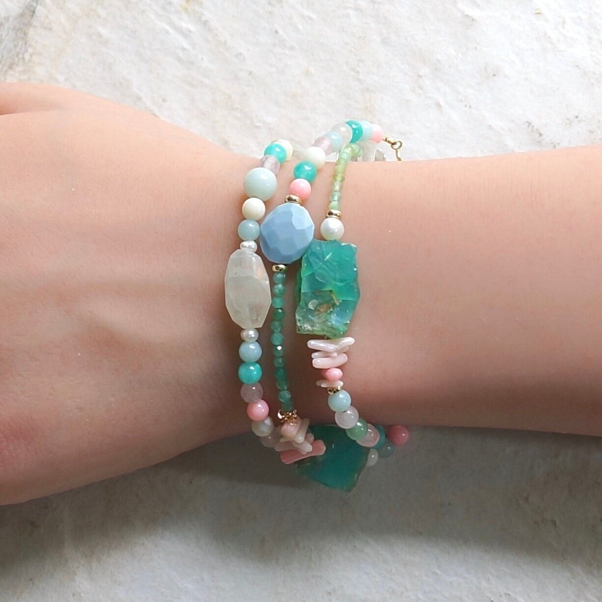 14K Solid Gold: Raw Amazonite Quartz Bead Bracelet | Emerald | Pastel Rainbow Gemstones | Bohemian | Pastel Green and Pink | Fine Jewelry