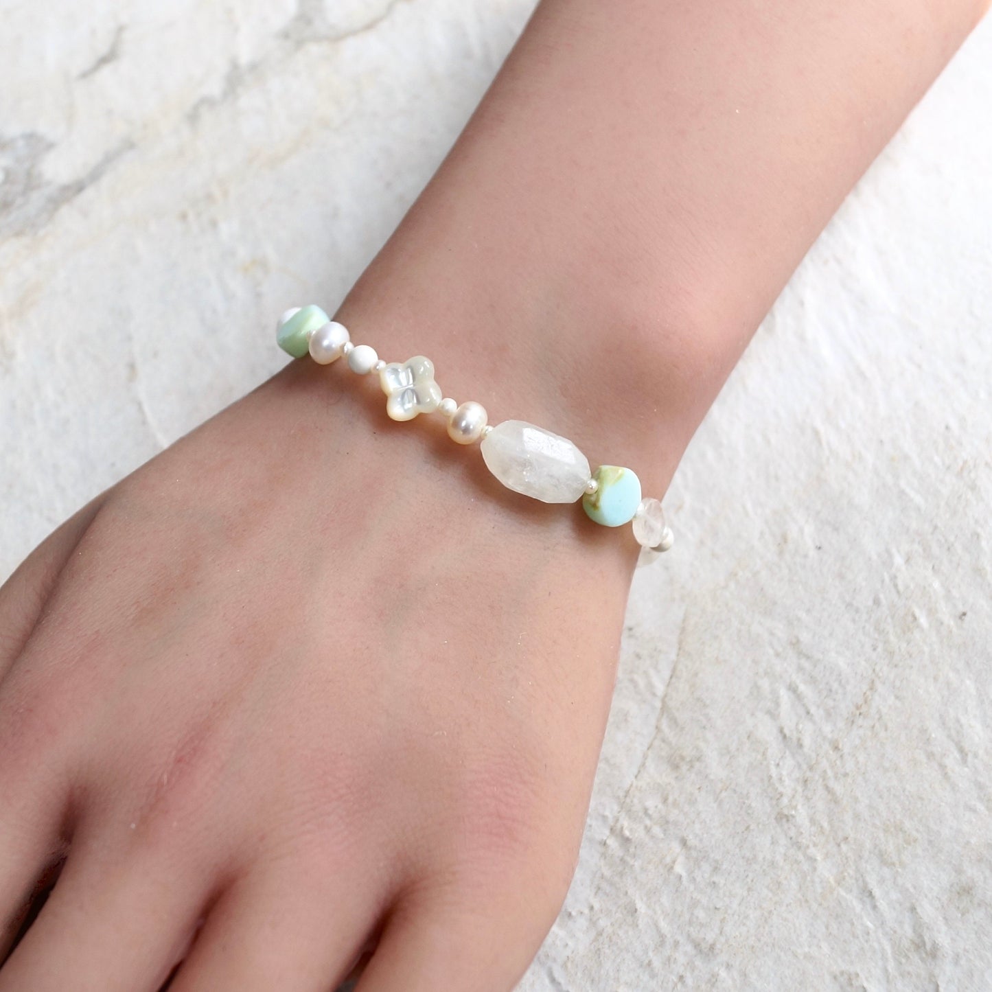 14K Solid Gold: Blue Opal Bead Bracelet | Natural Pearl | White Gemstones | Boho Bracelet | Pastel Colors