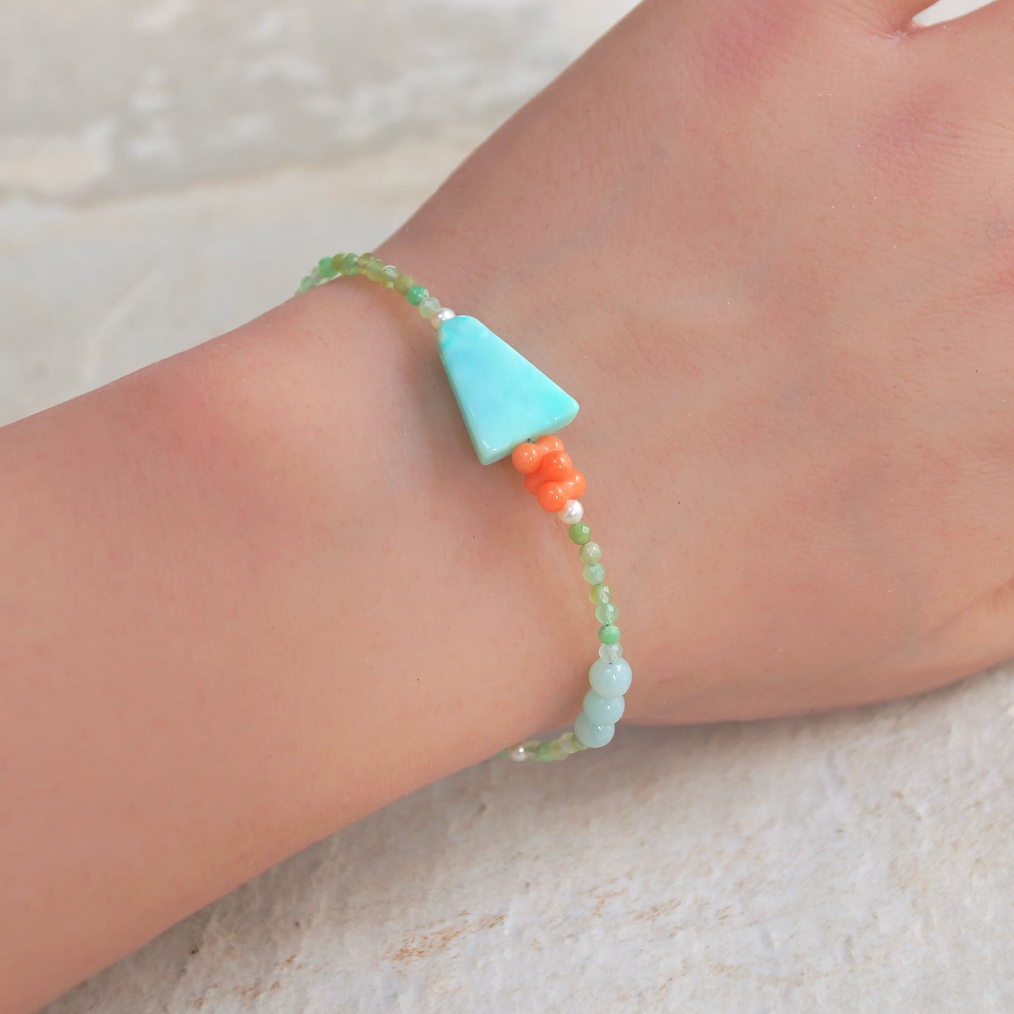 14K Solid Gold: Blue Opal Bracelet | Pastel Rainbow Gemstones | Bohemian | Pastel Green and Pink | Fine Jewelry