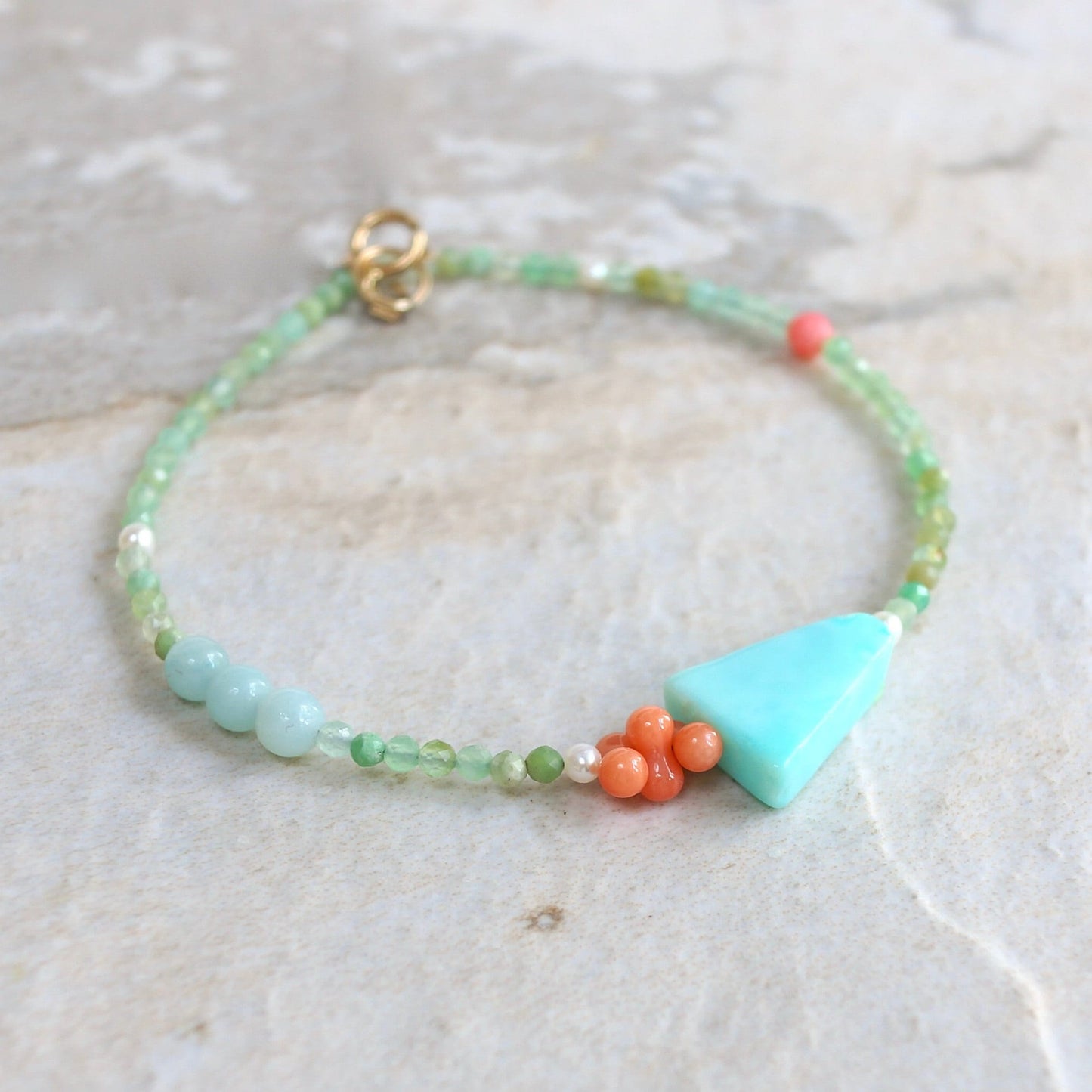 14K Solid Gold: Blue Opal Bracelet | Pastel Rainbow Gemstones | Bohemian | Pastel Green and Pink | Fine Jewelry