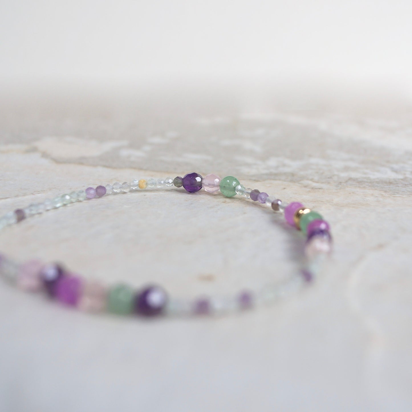 14K Solid Gold: Fluorite Bracelet | Pastel Rainbow Gemstones | Bohemian | Pastel Green and Purple | Fine Jewelry