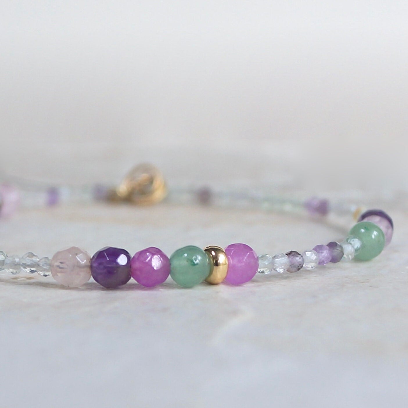 14K Solid Gold: Fluorite Bracelet | Pastel Rainbow Gemstones | Bohemian | Pastel Green and Purple | Fine Jewelry