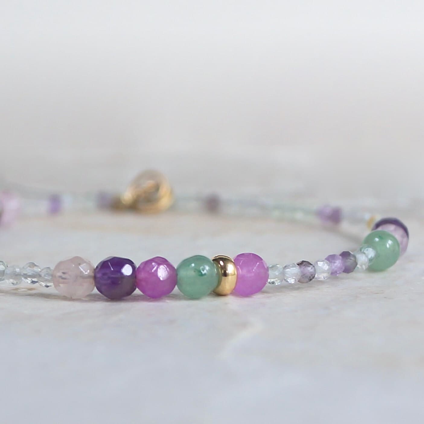 14K Solid Gold: Fluorite Bracelet | Pastel Rainbow Gemstones | Bohemian | Pastel Green and Purple | Fine Jewelry