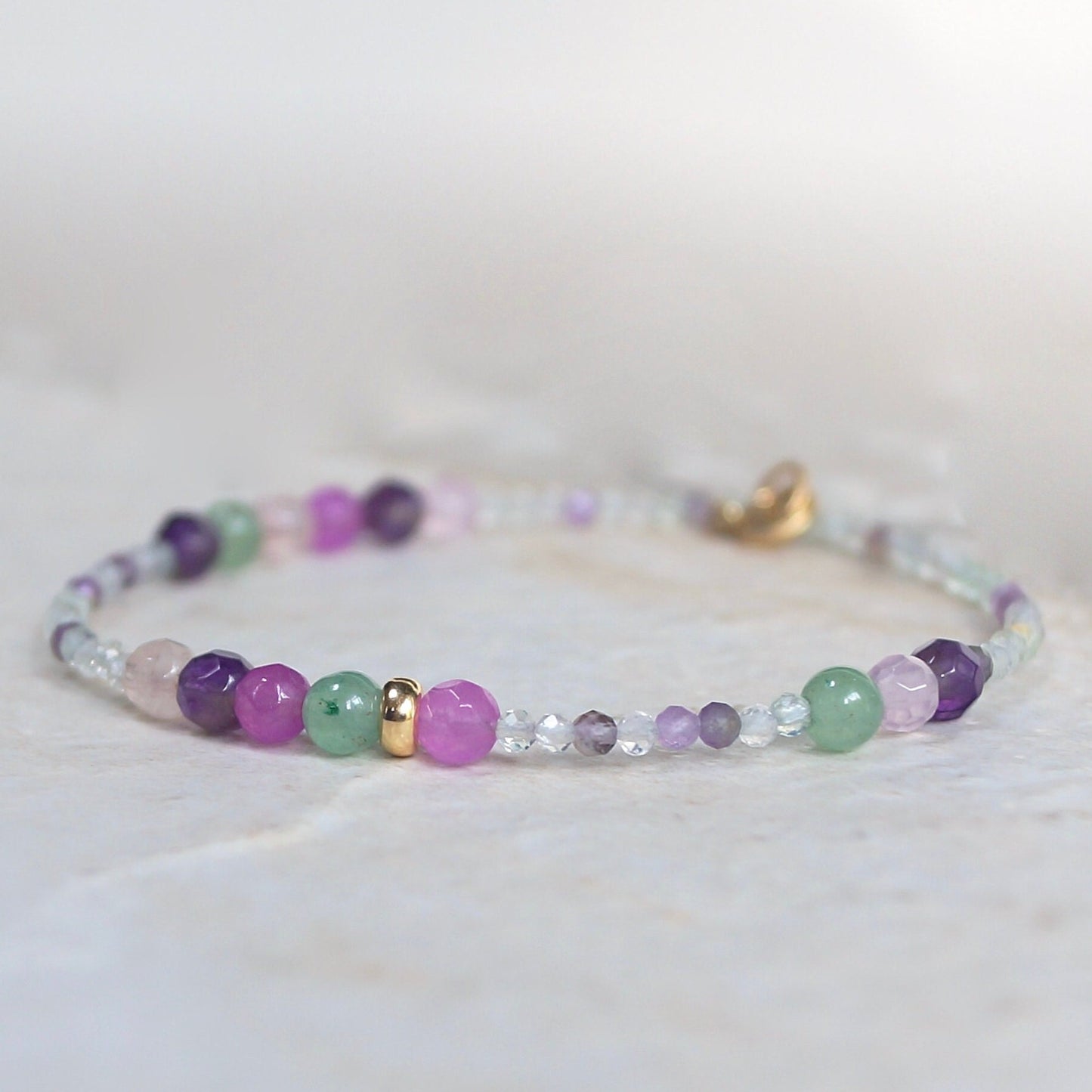 14K Solid Gold: Fluorite Bracelet | Pastel Rainbow Gemstones | Bohemian | Pastel Green and Purple | Fine Jewelry