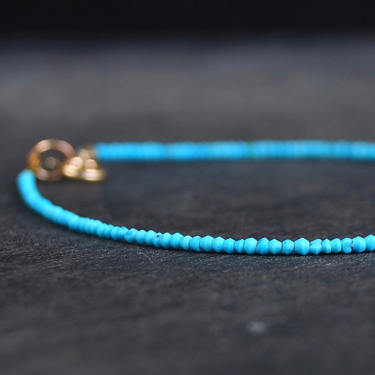 14K Solid Gold: Tiny 1.5mm Turquoise Bead Bracelet, Stacking Bracelet, Extra Dainty Jewelry, 1.5mm, Fine Jewelry, Matt Turquoise, Skinny