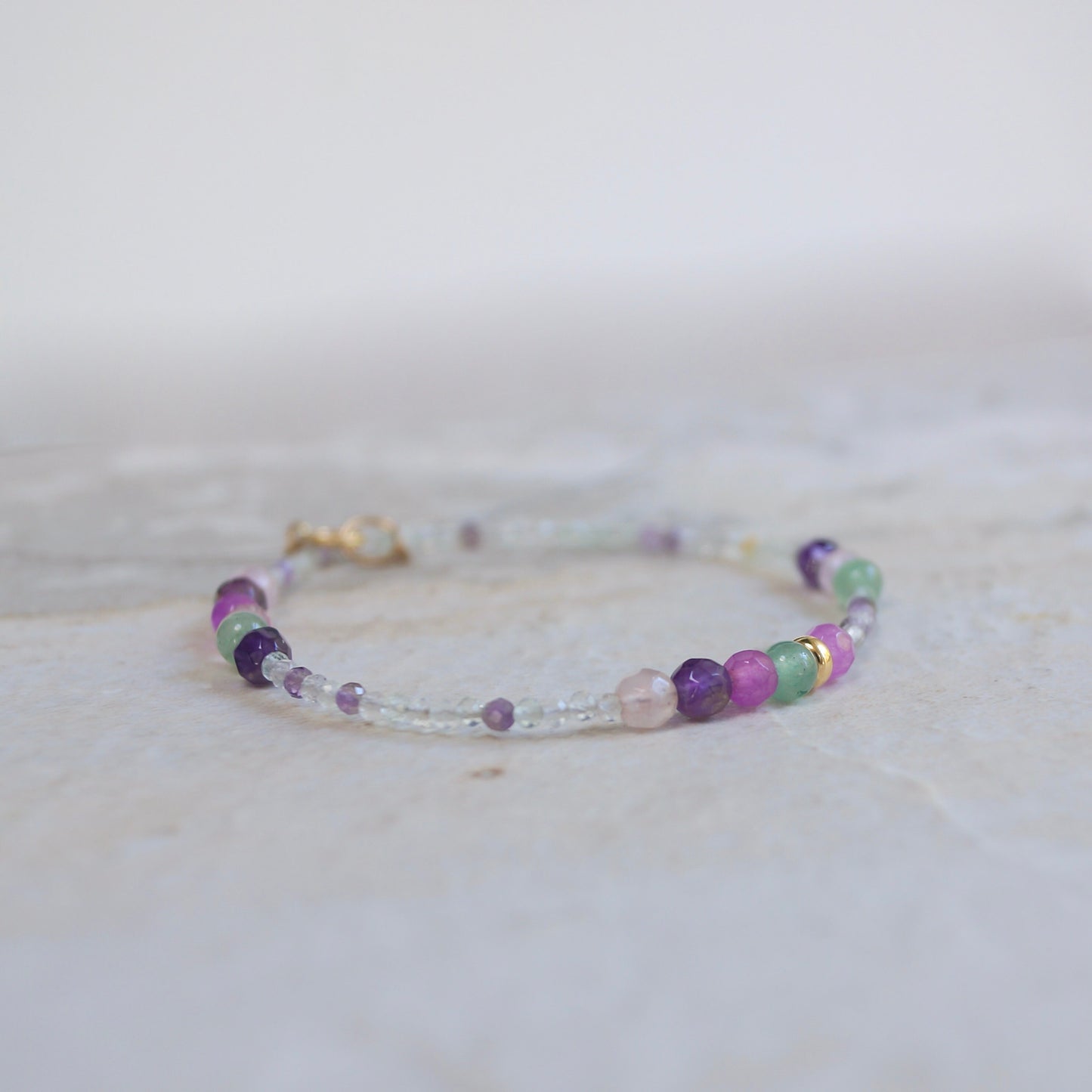 14K Solid Gold: Fluorite Bracelet | Pastel Rainbow Gemstones | Bohemian | Pastel Green and Purple | Fine Jewelry