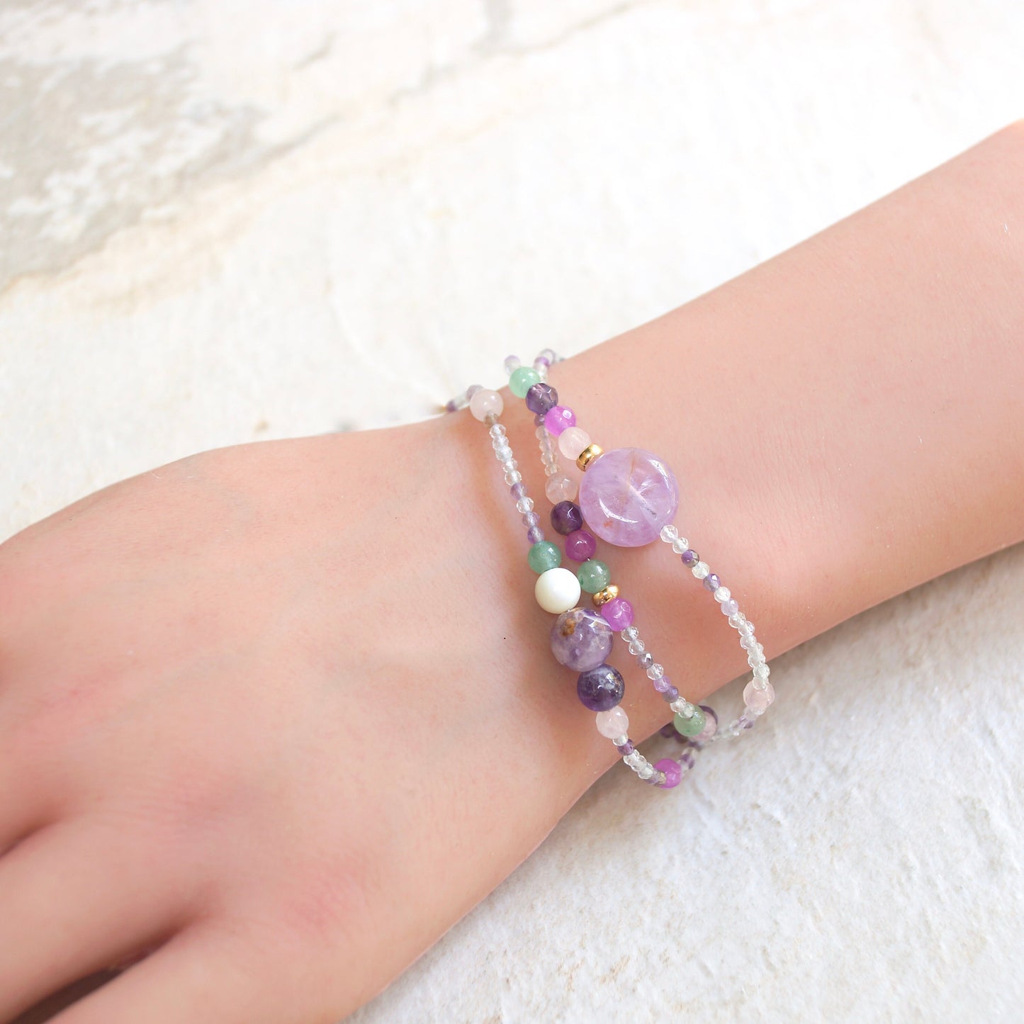 14K Solid Gold: Fluorite Bracelet | Pastel Rainbow Gemstones | Bohemian | Pastel Green and Purple | Fine Jewelry