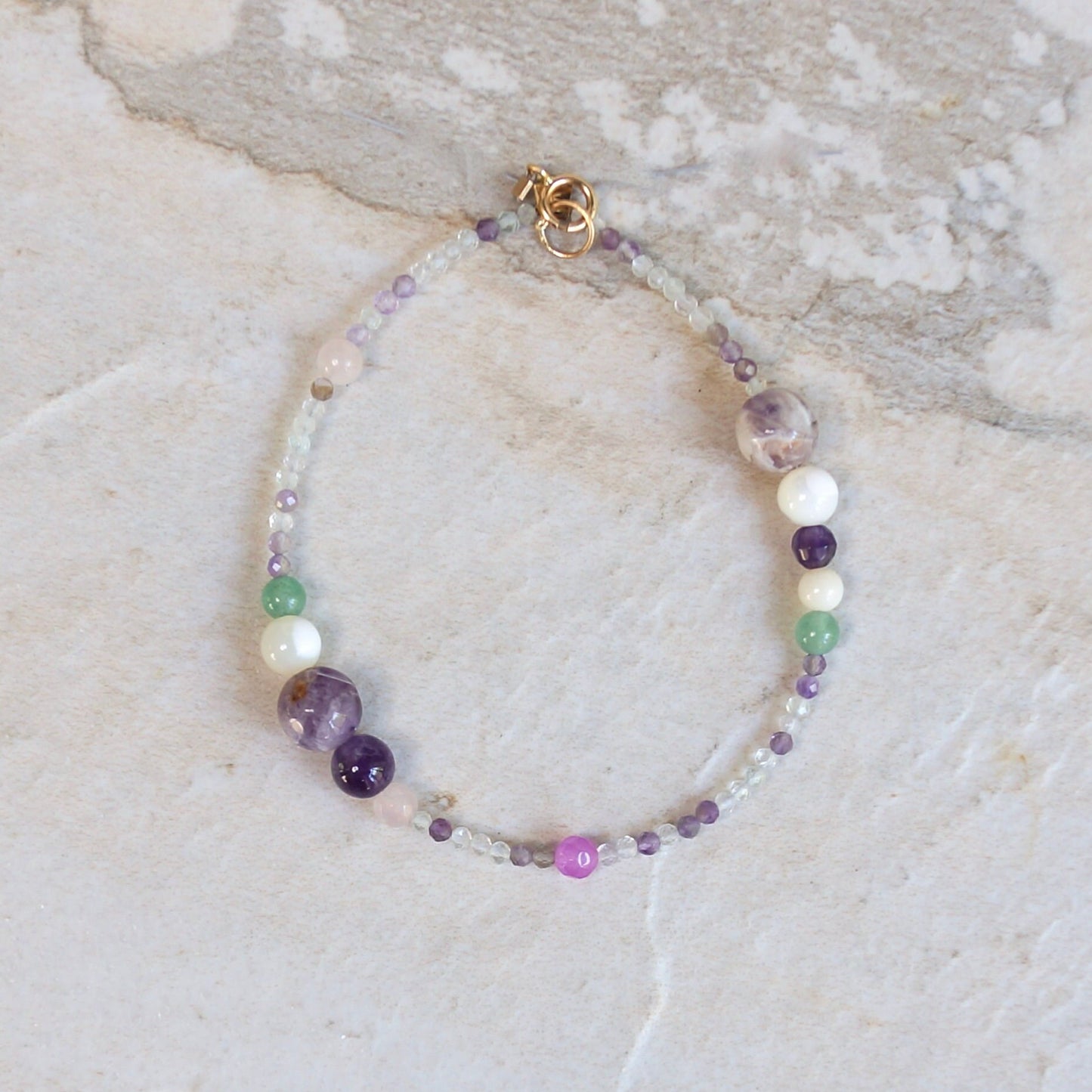 14K Solid Gold: Fluorite Bracelet | Pastel Rainbow Gemstones | Bohemian | Pastel Green and Purple | Fine Jewelry