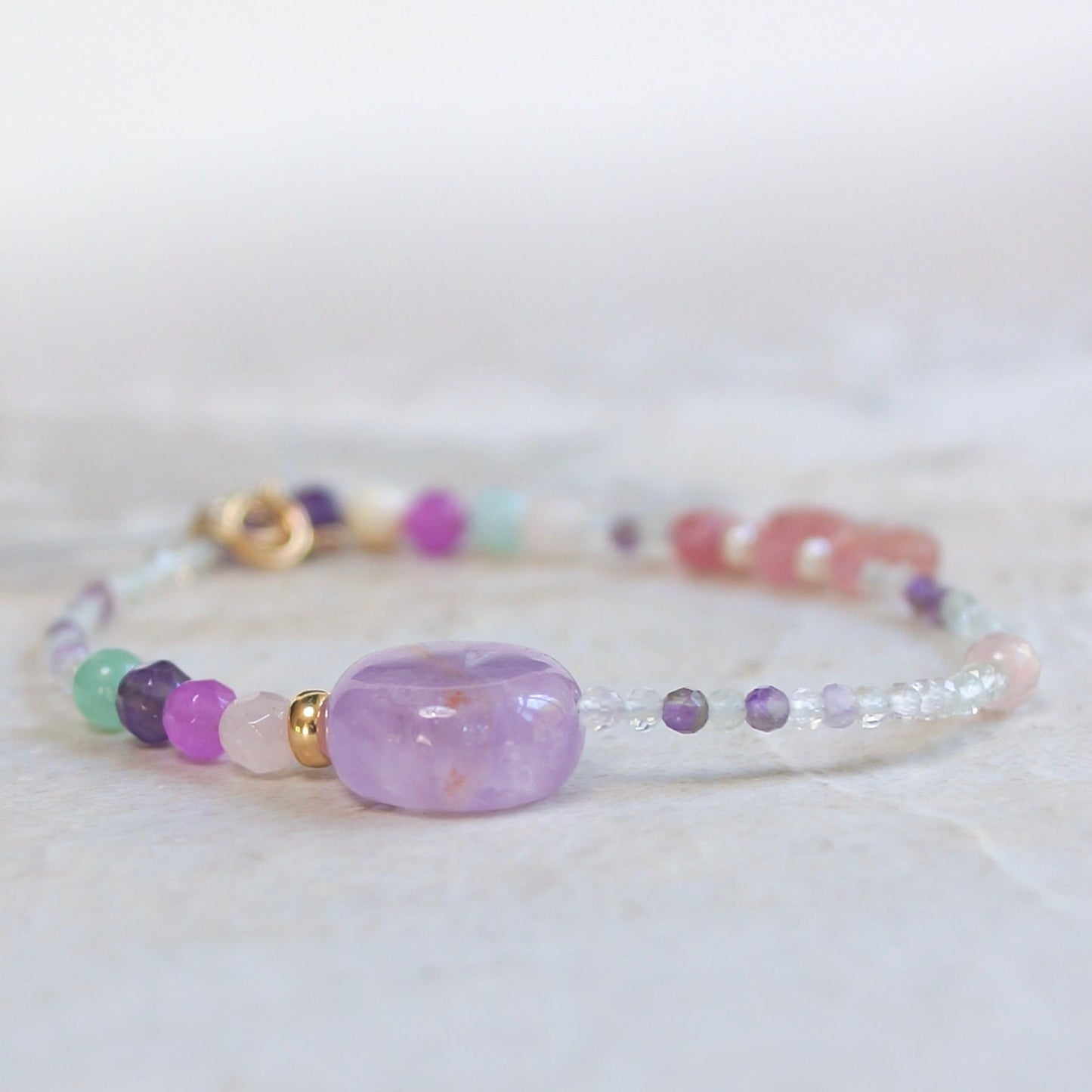 14K Solid Gold: Fluorite Bracelet | Pastel Rainbow Gemstones | Bohemian | Pastel Green and Purple | Fine Jewelry