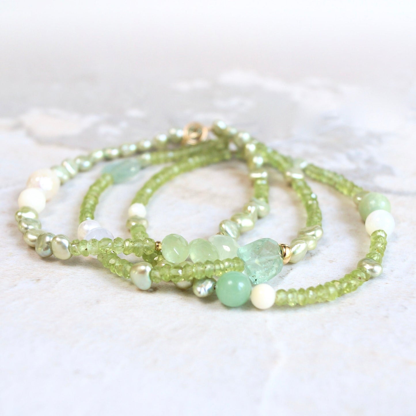 14K Solid Gold: Peridot Bracelet | Pastel Green Gemstones | Bohemian | Natural Pearl Bracelet | Fine Jewelry| Light Green