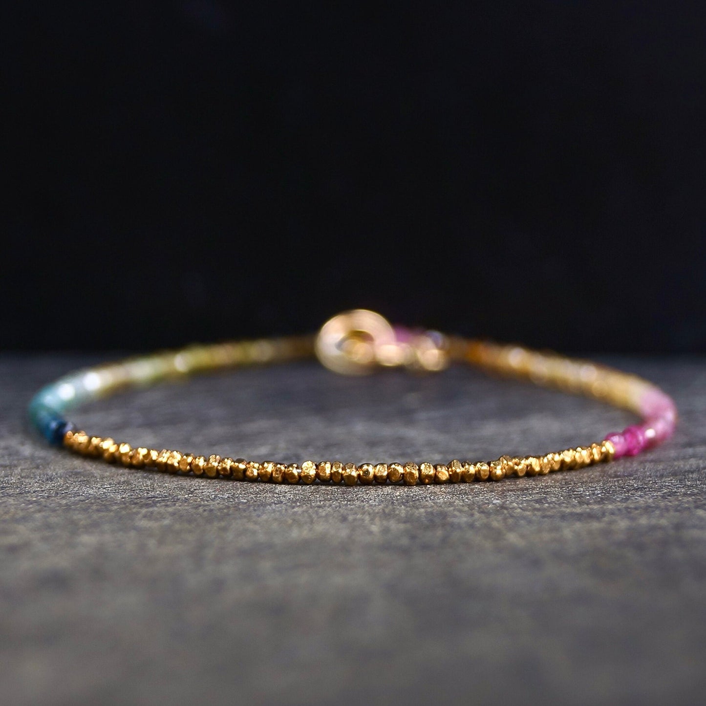 14K Solid Gold & 24K Vermeil: Ombre Tourmaline Beaded Bracelet | 2.5mm |  Multi Colored | Boho | Bohemian | Delicate | Skinny | Watermelon