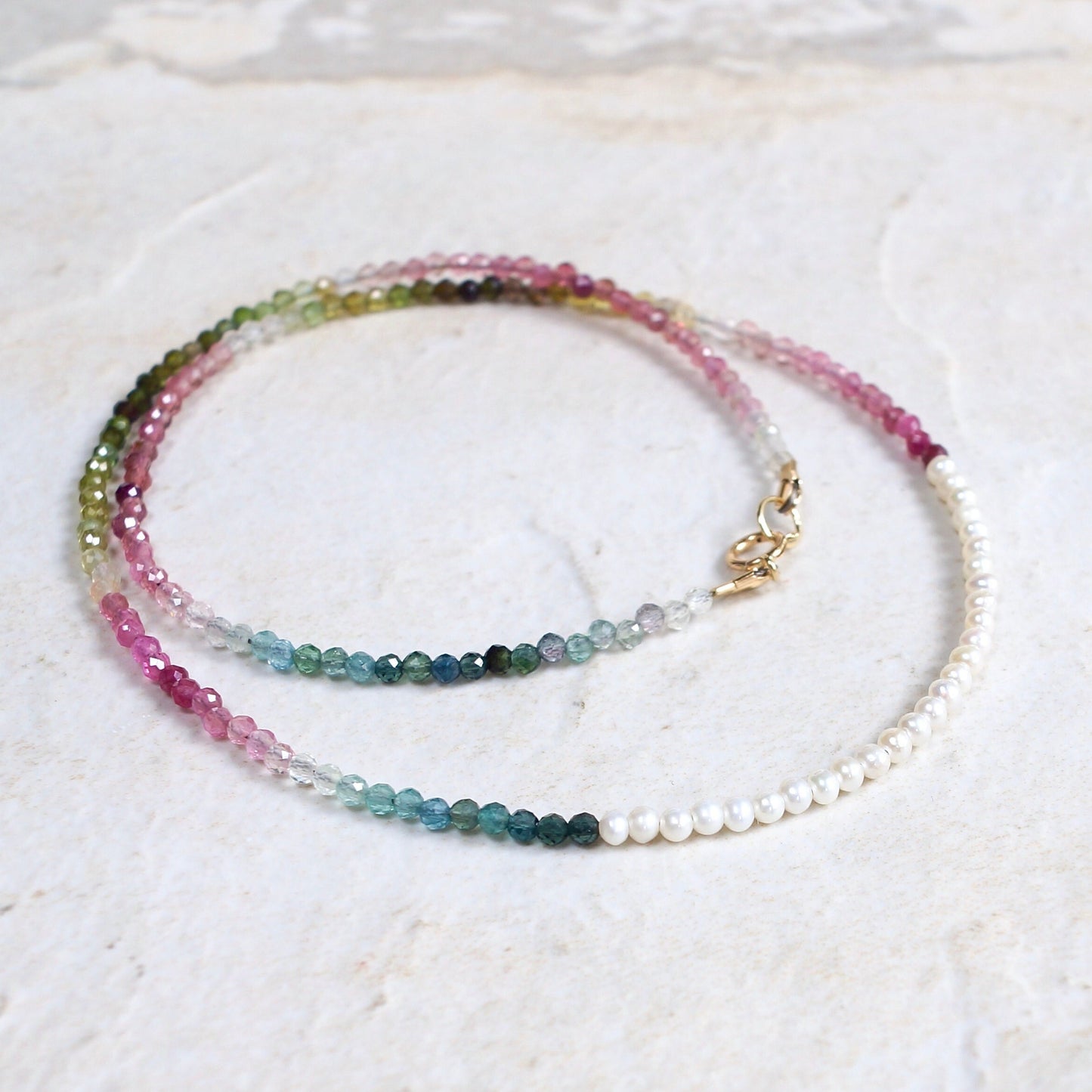 14K Solid Gold: Multi Color Tourmaline Beaded Necklace, Freshwater Pearl, October Birthstone, Skinny Gemstone Necklace, Layering Choker