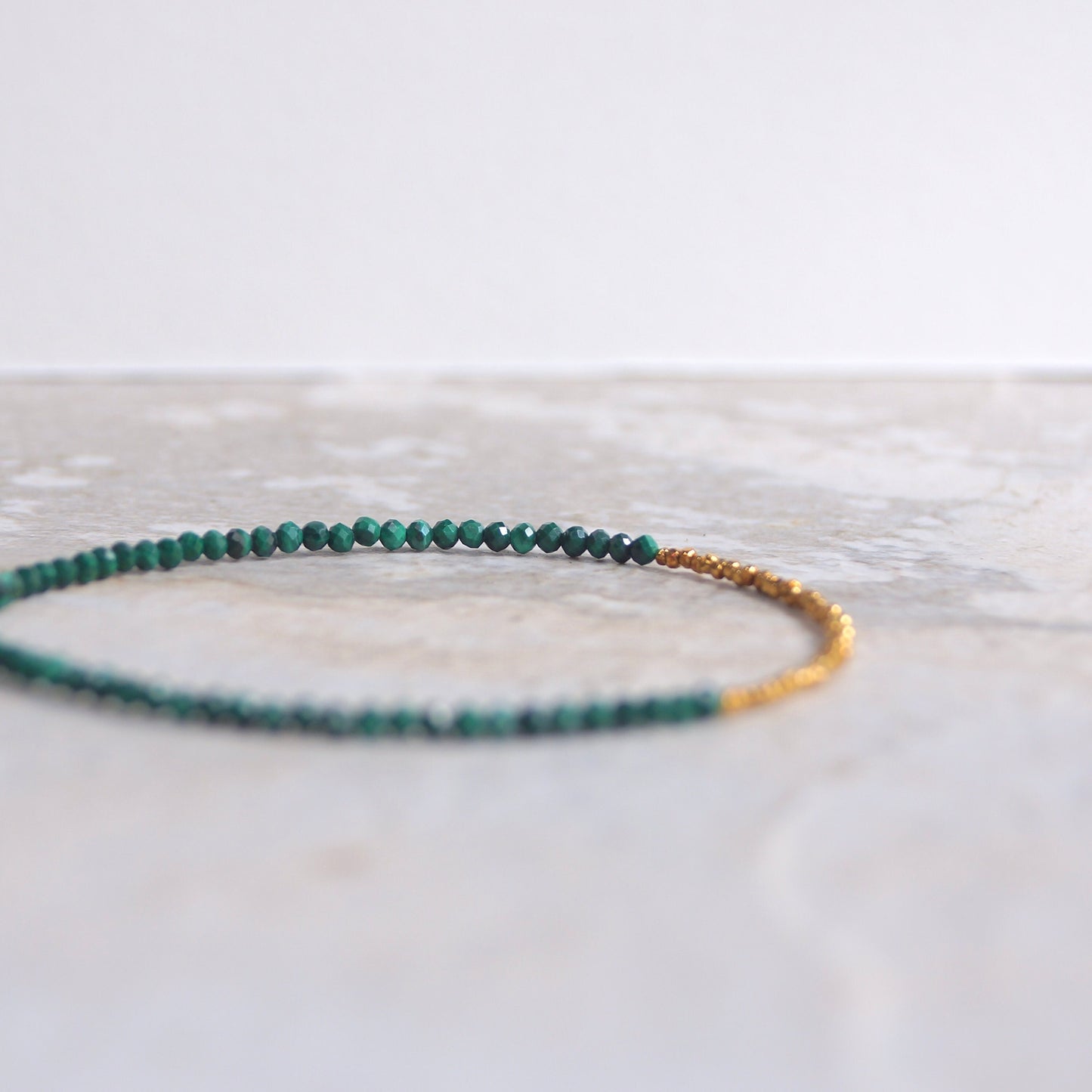 14K Solid Gold & 24K Vermeil: Malachite Beaded Bracelet | 2mm | Dark Green Gemstone | 2mm | Skinny | Delicate Jewelry