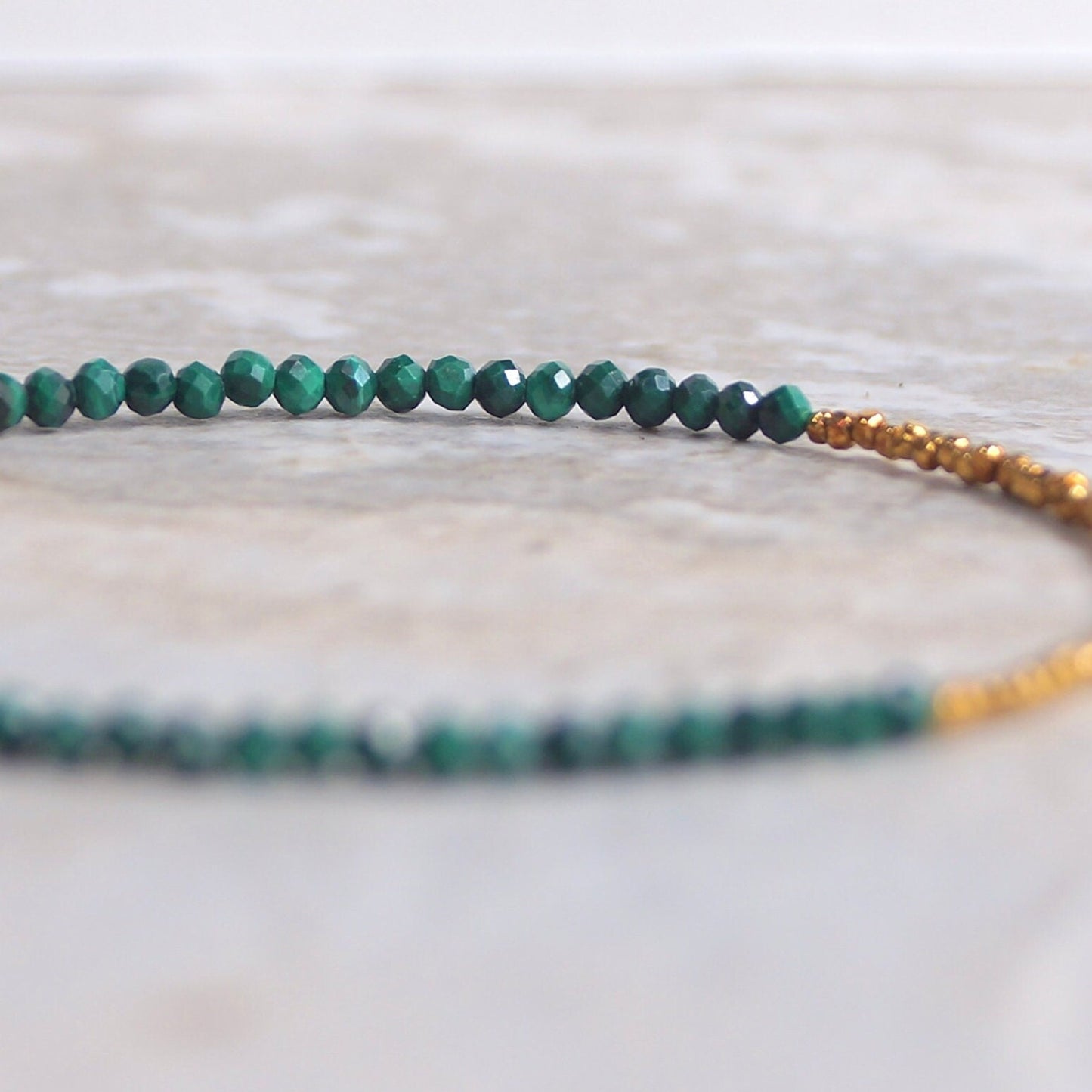 14K Solid Gold & 24K Vermeil: Malachite Beaded Bracelet | 2mm | Dark Green Gemstone | 2mm | Skinny | Delicate Jewelry