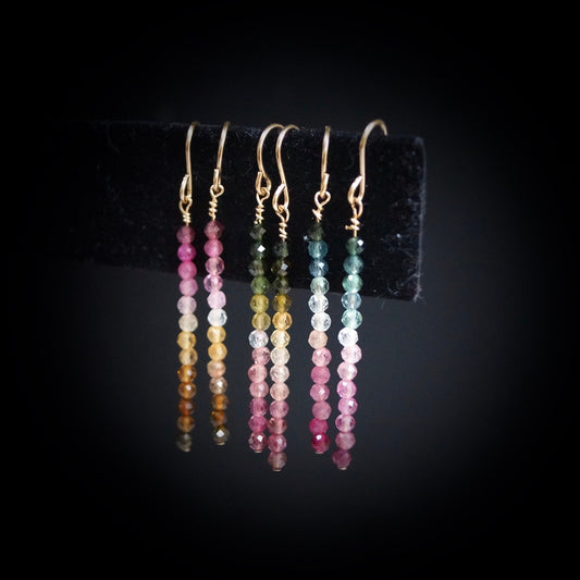 14K Tourmaline Bead Earrings |2.5 |Beaded Bar| Dangle Drop Earrings | Ombre Bead| Gradient Gemstone| Watermelon Tourmaline| Multi Color