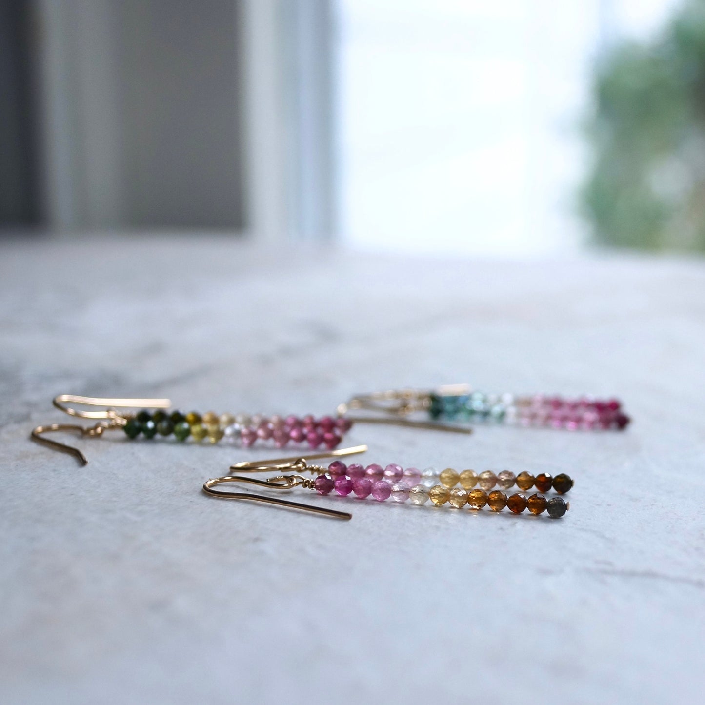 14K Tourmaline Bead Earrings |2.5 |Beaded Bar| Dangle Drop Earrings | Ombre Bead| Gradient Gemstone| Watermelon Tourmaline| Multi Color