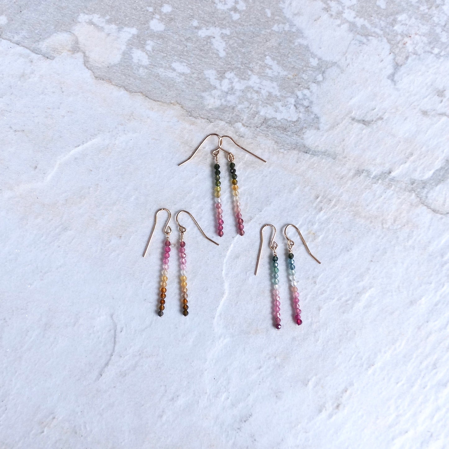 14K Tourmaline Bead Earrings |2.5 |Beaded Bar| Dangle Drop Earrings | Ombre Bead| Gradient Gemstone| Watermelon Tourmaline| Multi Color