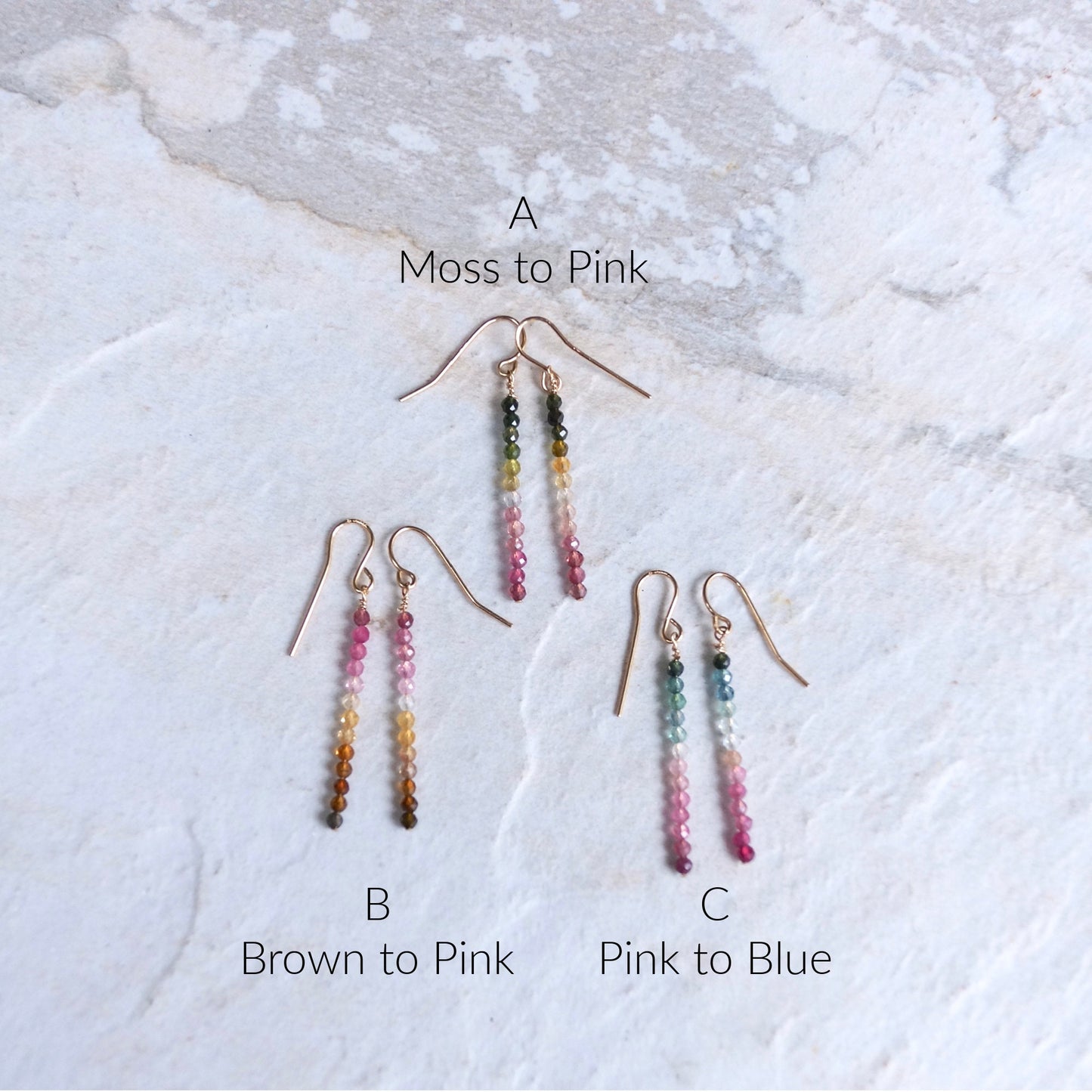 14K Tourmaline Bead Earrings |2.5 |Beaded Bar| Dangle Drop Earrings | Ombre Bead| Gradient Gemstone| Watermelon Tourmaline| Multi Color