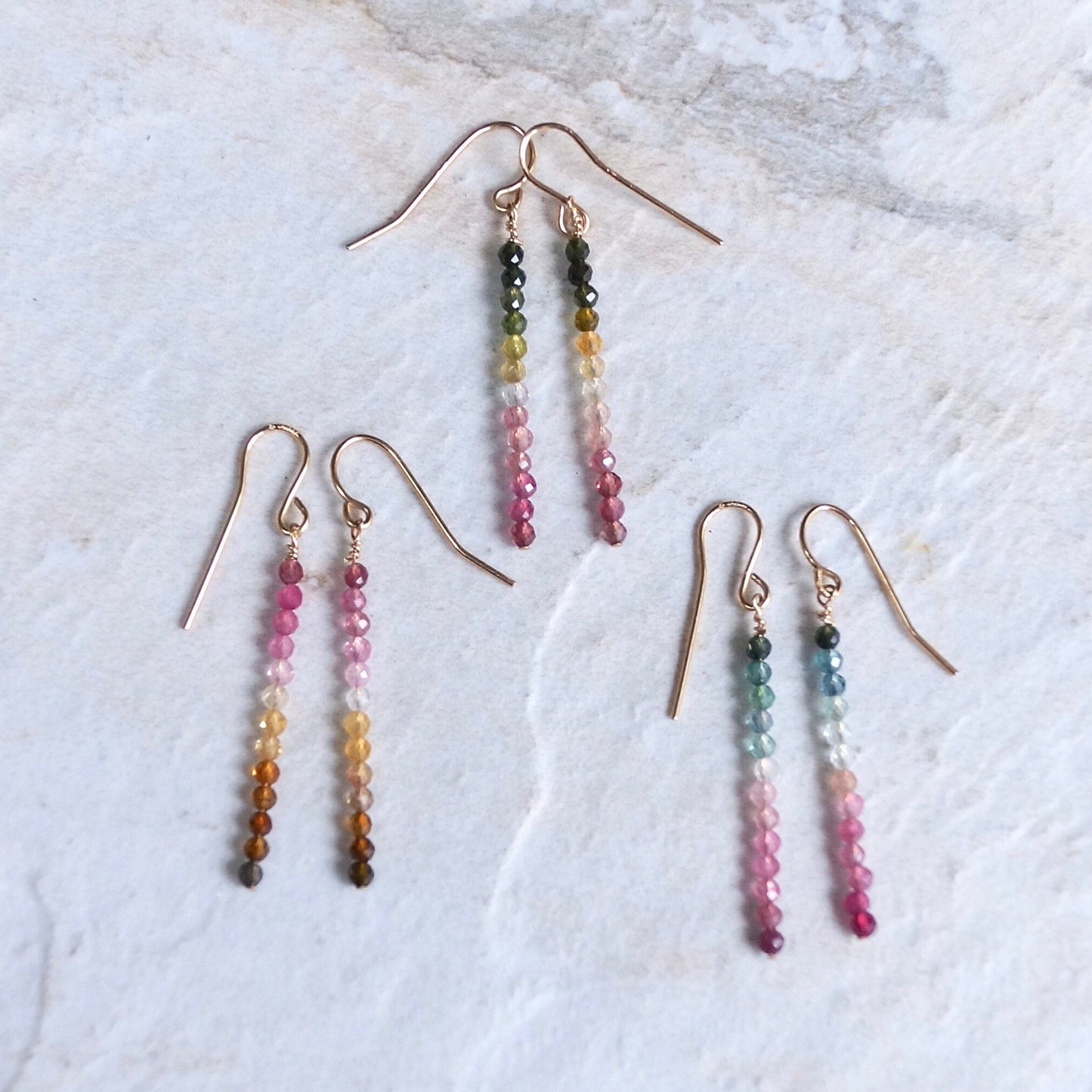 14K Tourmaline Bead Earrings |2.5 |Beaded Bar| Dangle Drop Earrings | Ombre Bead| Gradient Gemstone| Watermelon Tourmaline| Multi Color